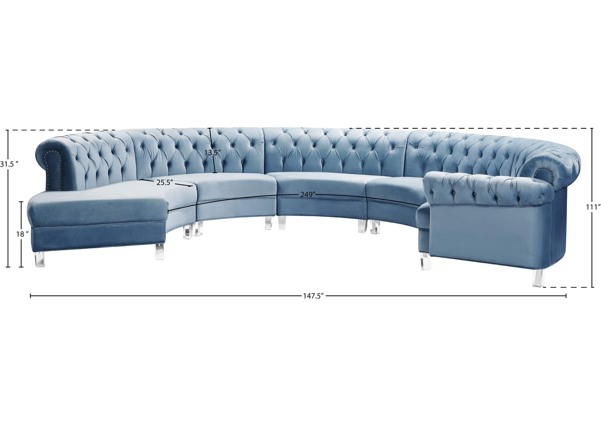 Anabella Sky Blue Velvet 5 Piece Sectional,Meridian Furniture