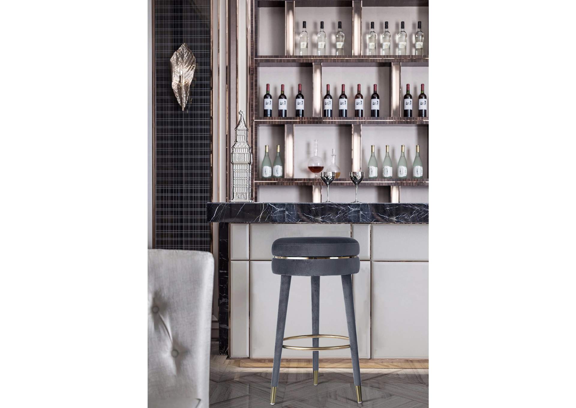 Coral Grey Velvet Bar Stool,Meridian Furniture