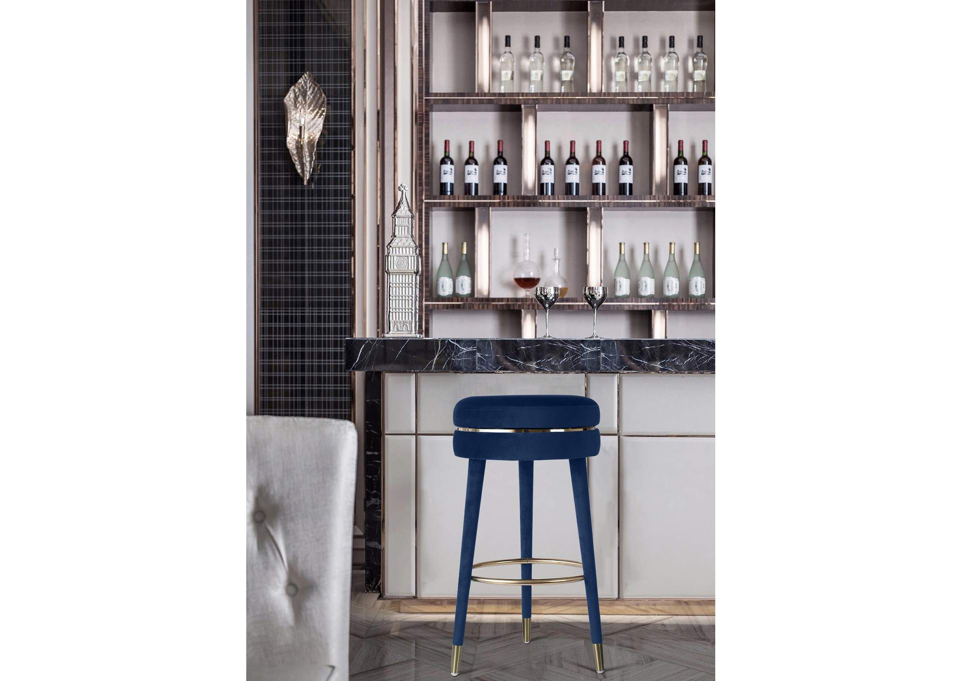 Coral Navy Velvet Bar Stool,Meridian Furniture