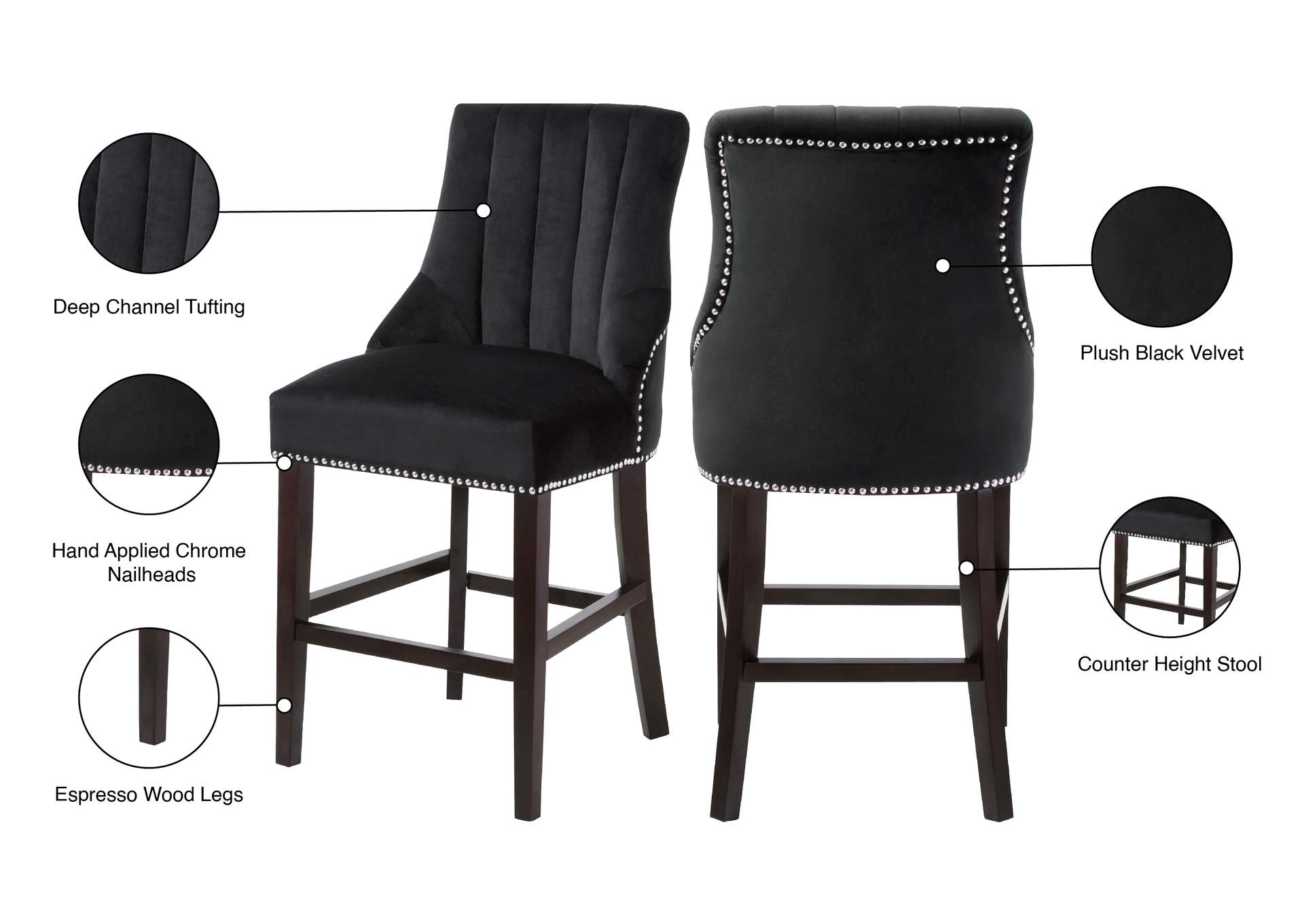 Oxford Black Velvet Stool Set of 2,Meridian Furniture