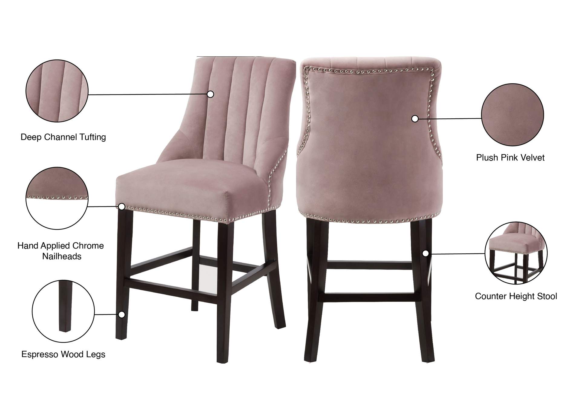 Oxford Pink Velvet Stool Set of 2,Meridian Furniture