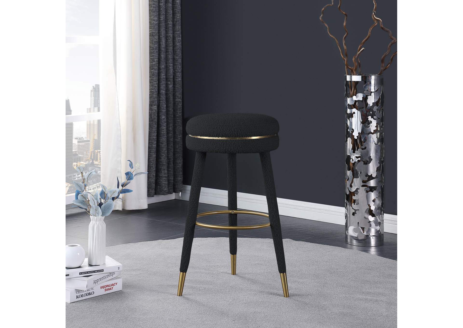 Coral Black Boucle Fabric Bar Stool,Meridian Furniture