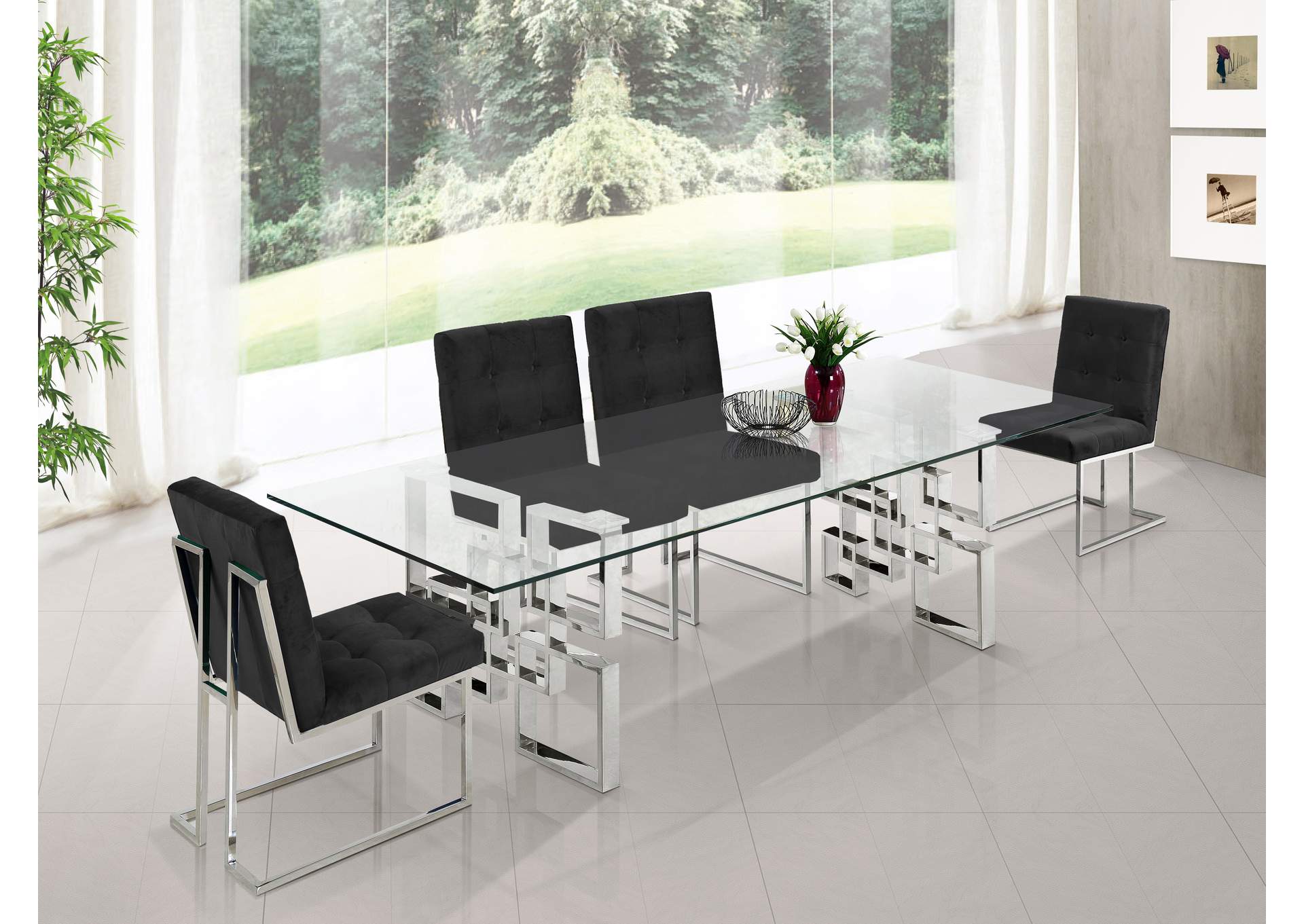 Alexis Chrome Dining Table w/4 Black Chair,Meridian Furniture