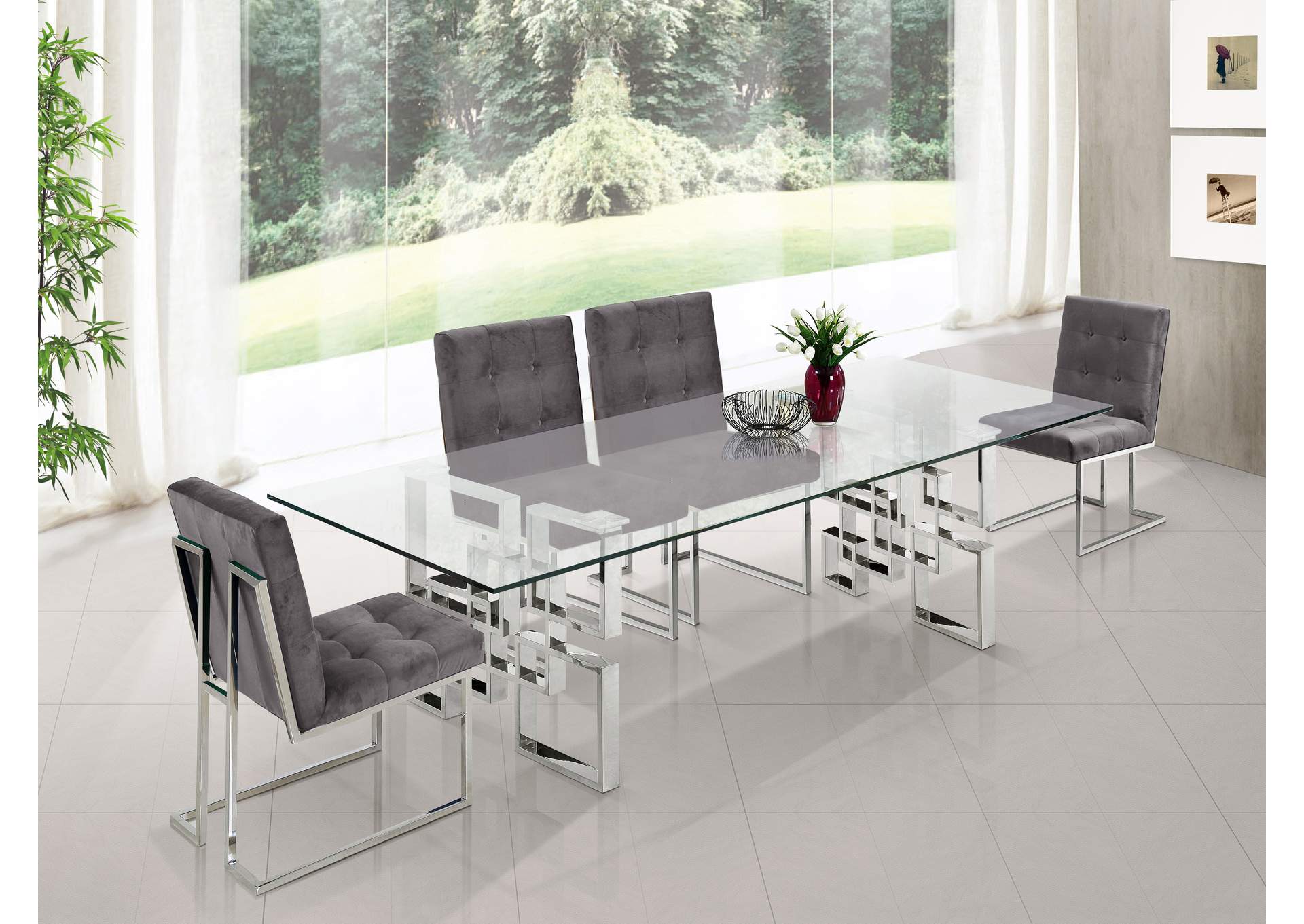 Alexis Chrome Dining Table w/4 Grey Chair,Meridian Furniture