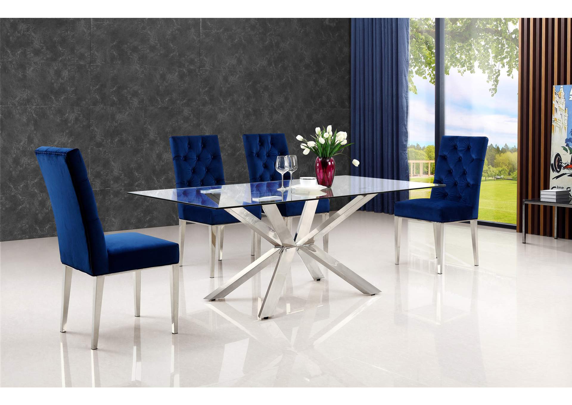 Juno Chrome Dining Table W 4 Navy Chair, Navy Blue Dining Table And Chairs