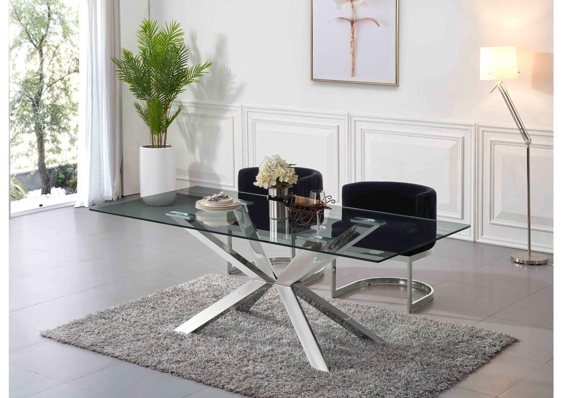 Juno Chrome Dining Table w/2 Black Chair,Meridian Furniture