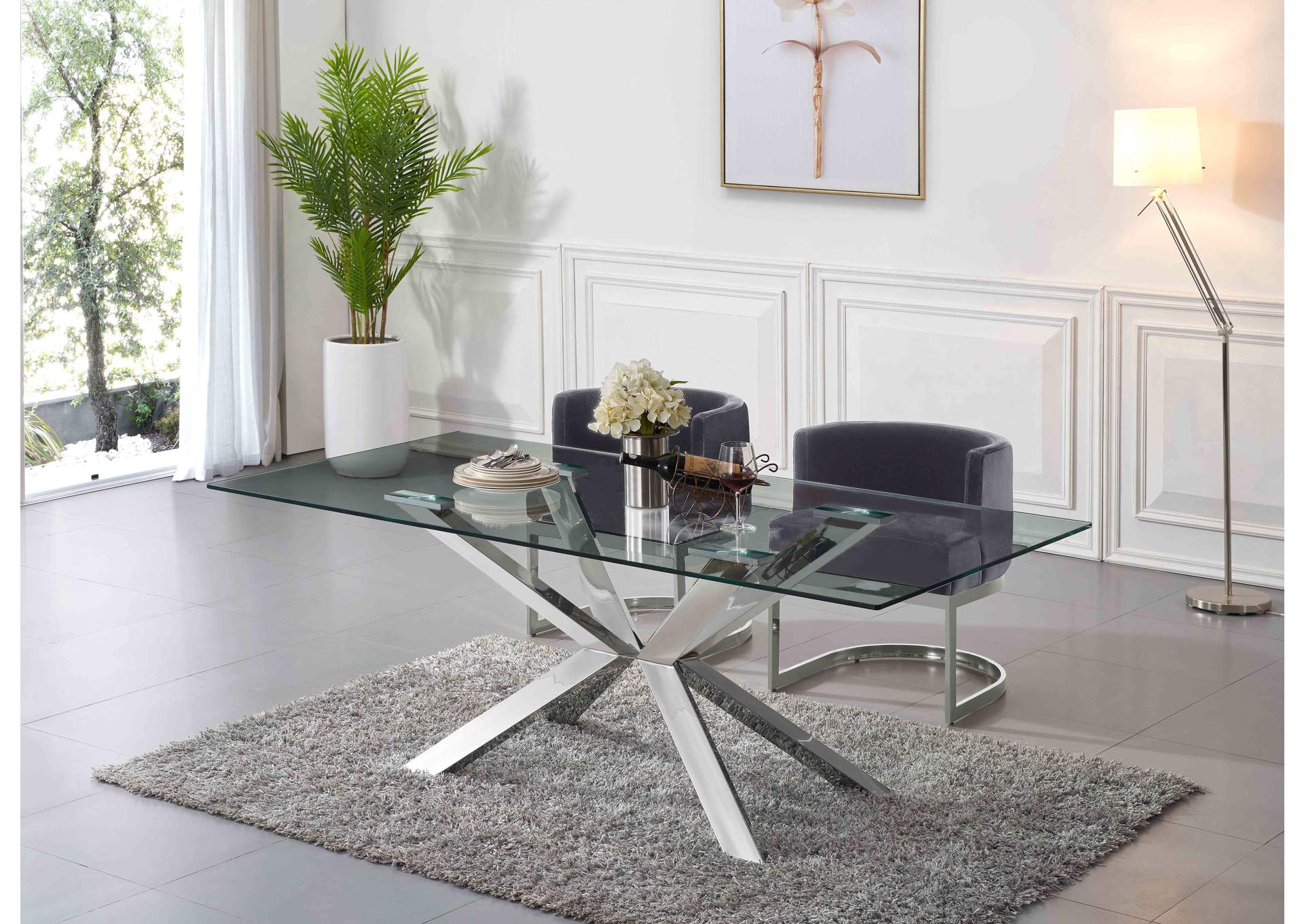 Juno Chrome Dining Table w/2 Grey Chair,Meridian Furniture