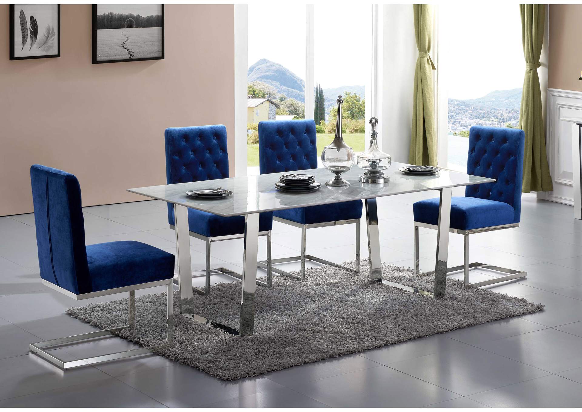 Carlton Chrome Dining Table w/4 Navy Chair,Meridian Furniture