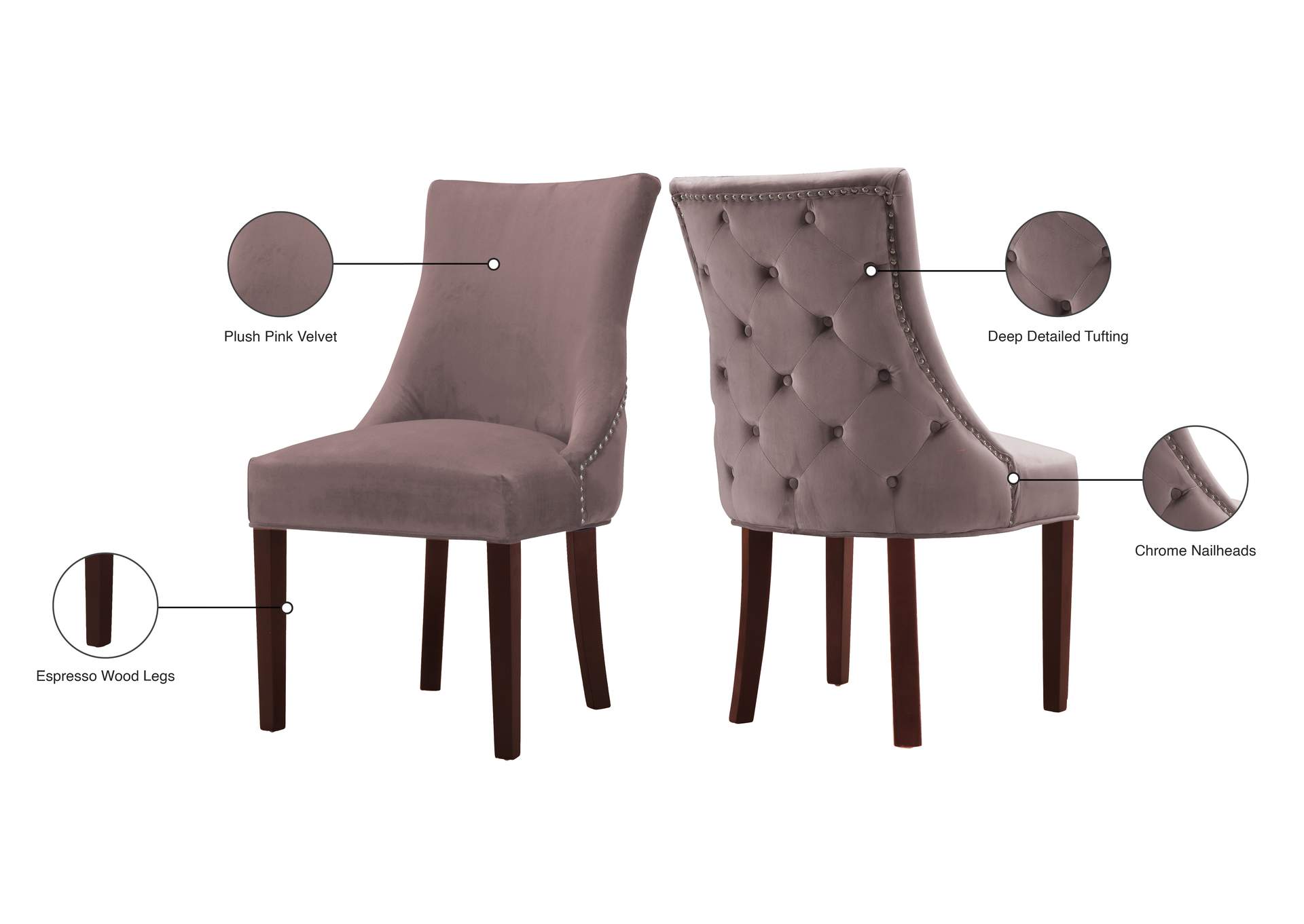 Hannah Pink Velvet Dining Chair Set of 2,Meridian Furniture