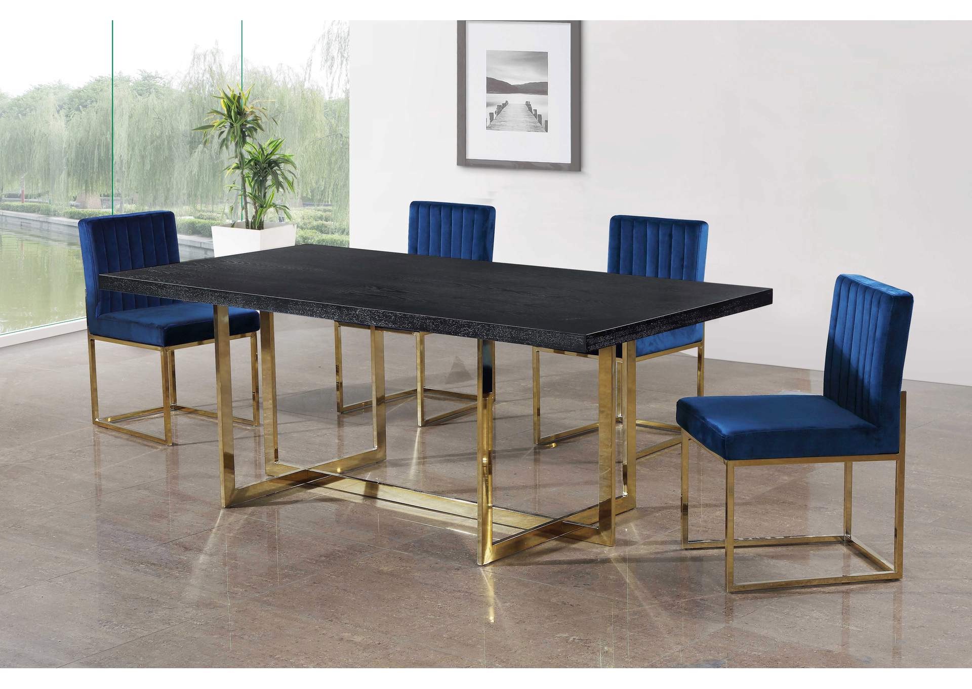 Elle Gold Dining Table w/4 Navy Chair,Meridian Furniture