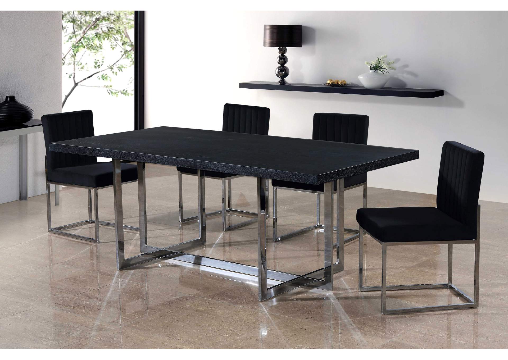 Elle Chrome Dining Table w/4 Black Chair,Meridian Furniture