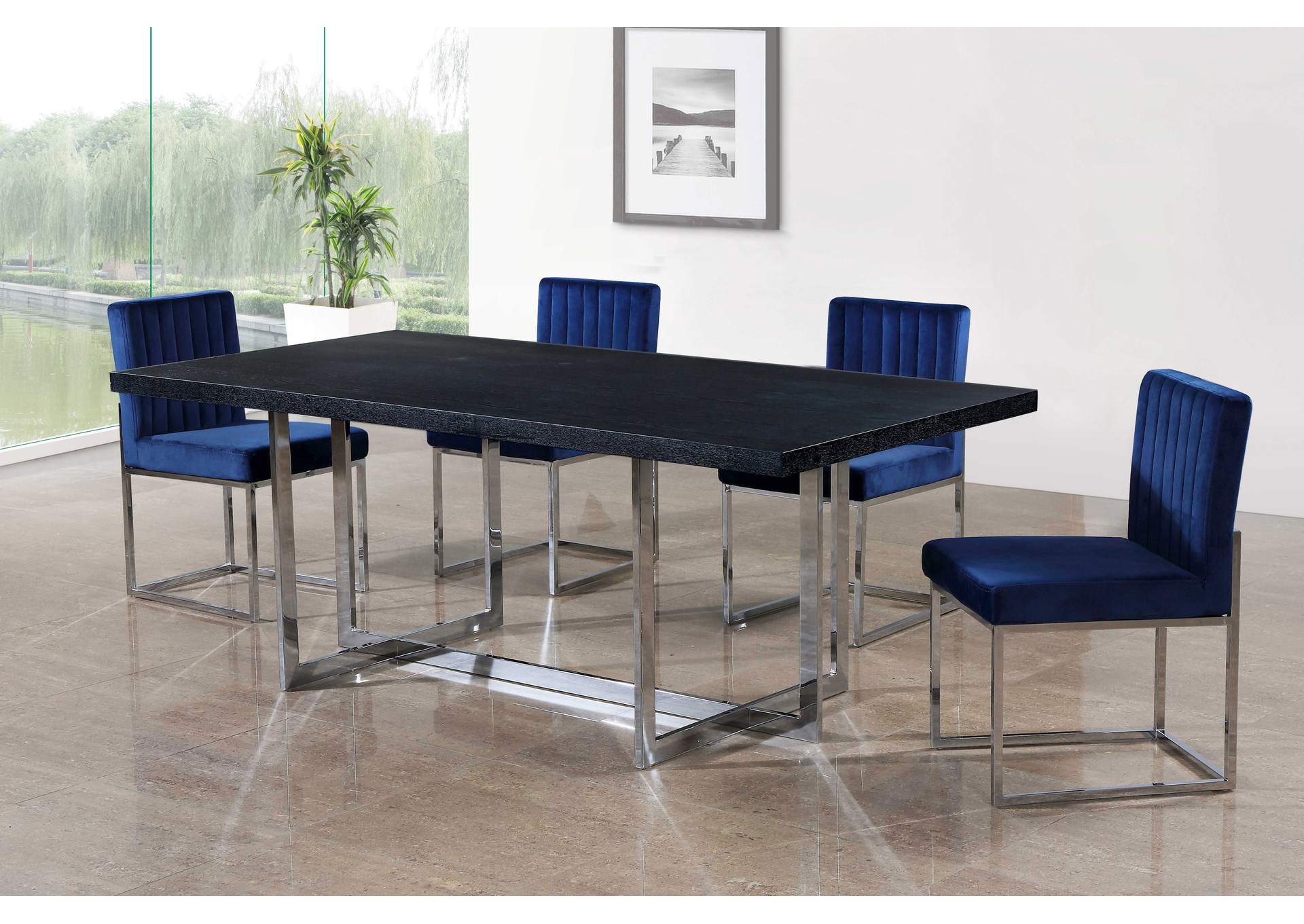 Elle Chrome Dining Table w/4 Navy Chair,Meridian Furniture