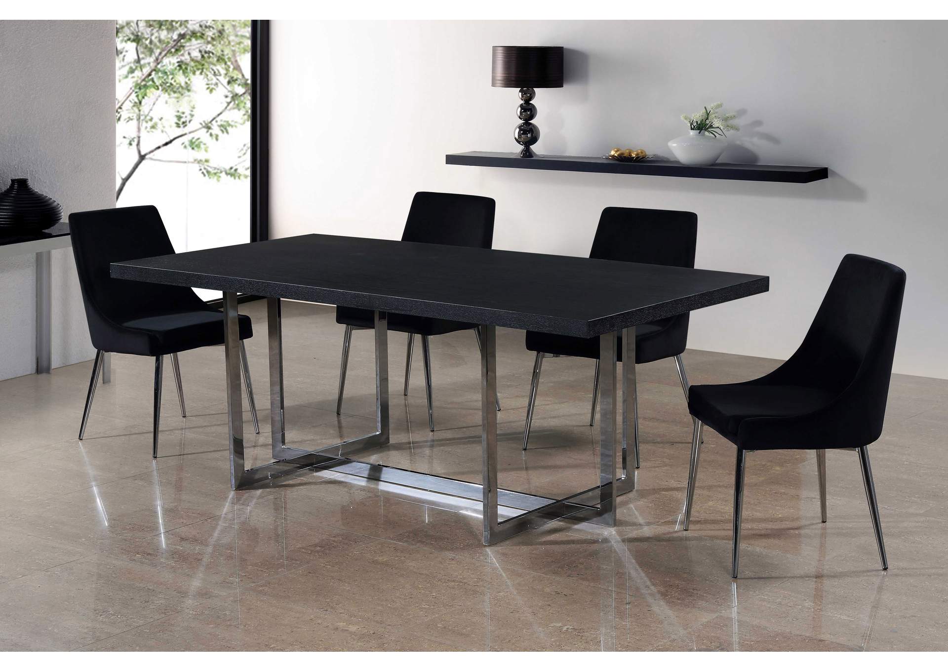 Elle Chrome Dining Table w/4 Black Chair,Meridian Furniture