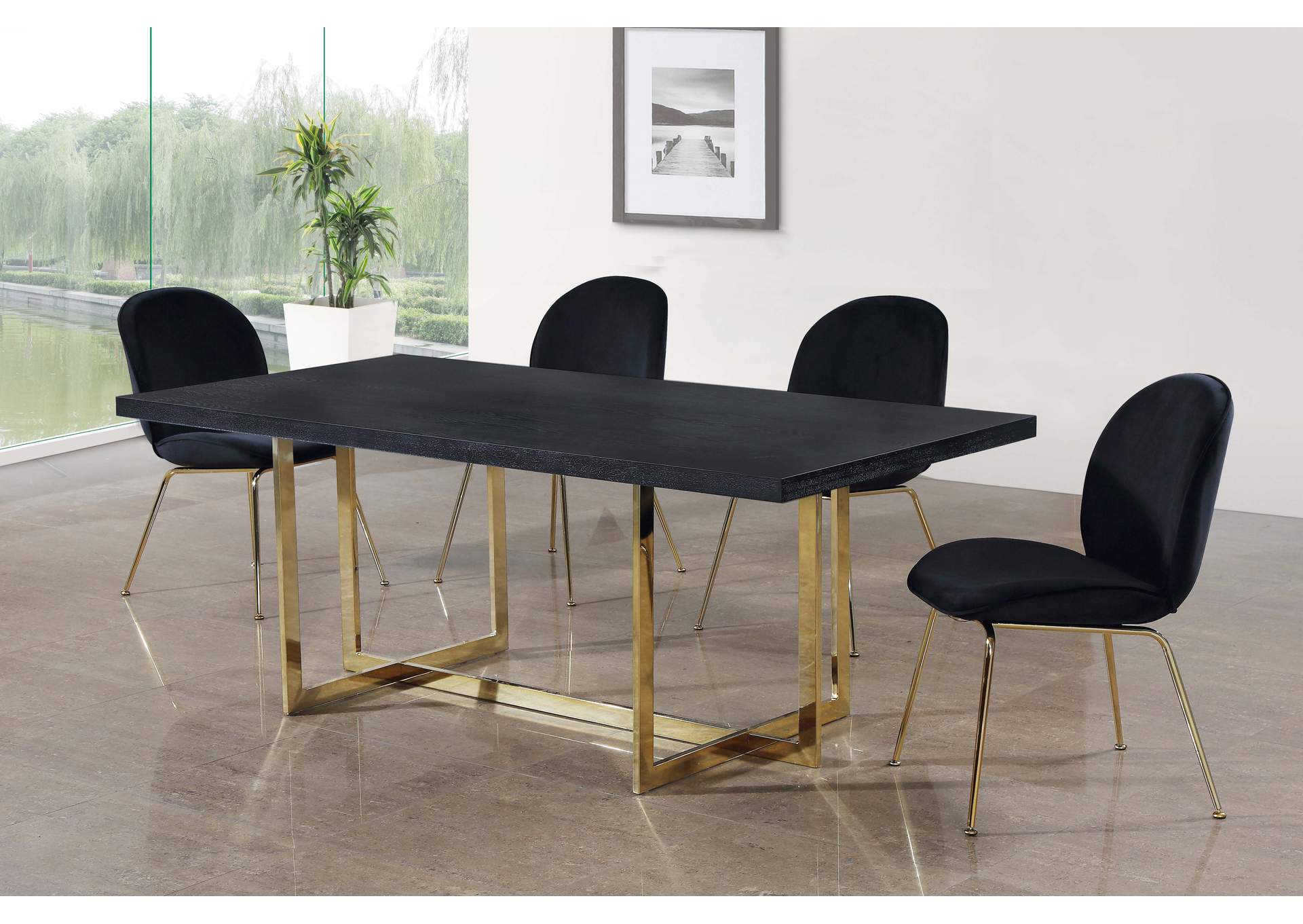 Elle Gold Dining Table w/4 Black Chair,Meridian Furniture