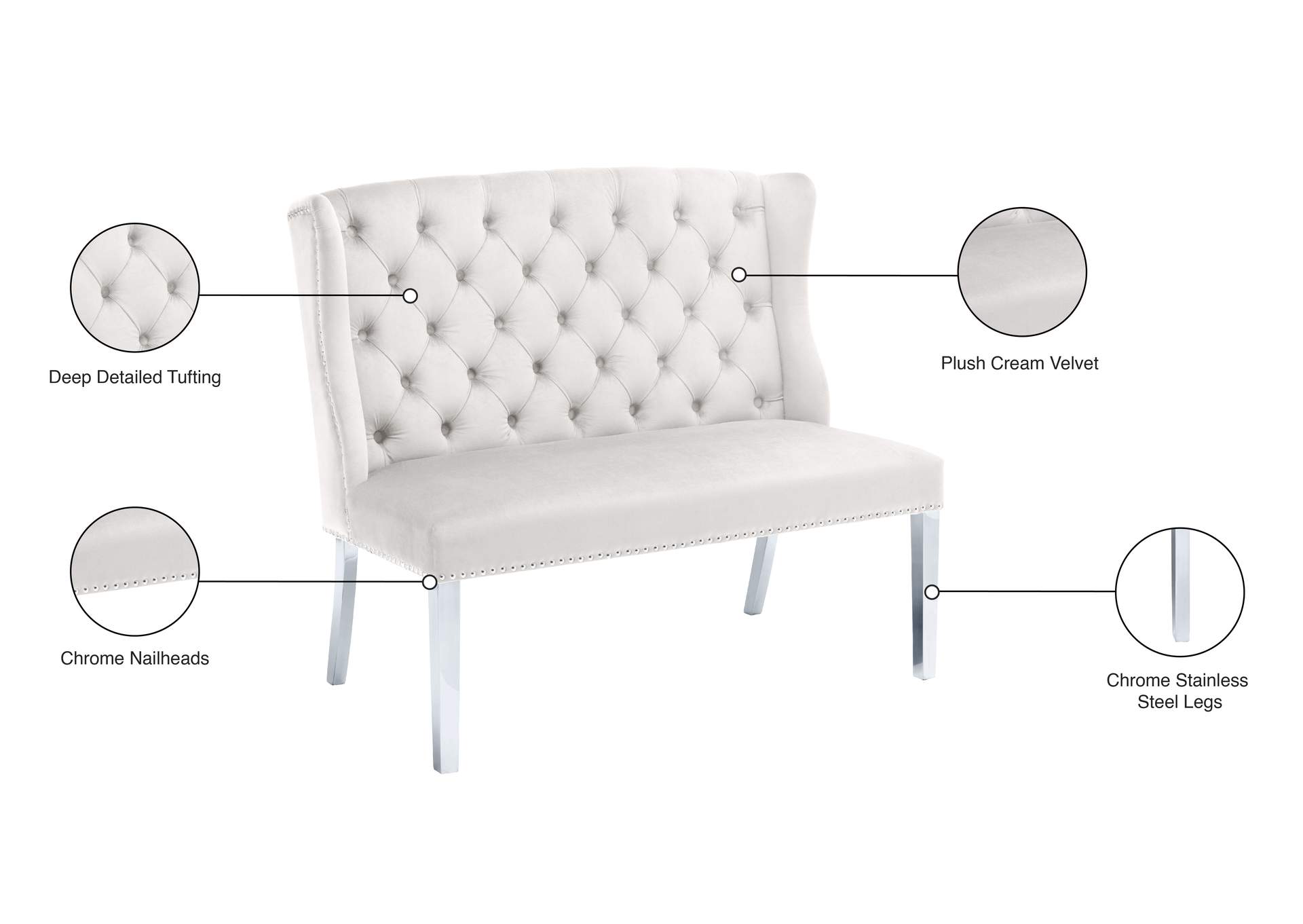 Suri Cream Velvet Settee Bench,Meridian Furniture