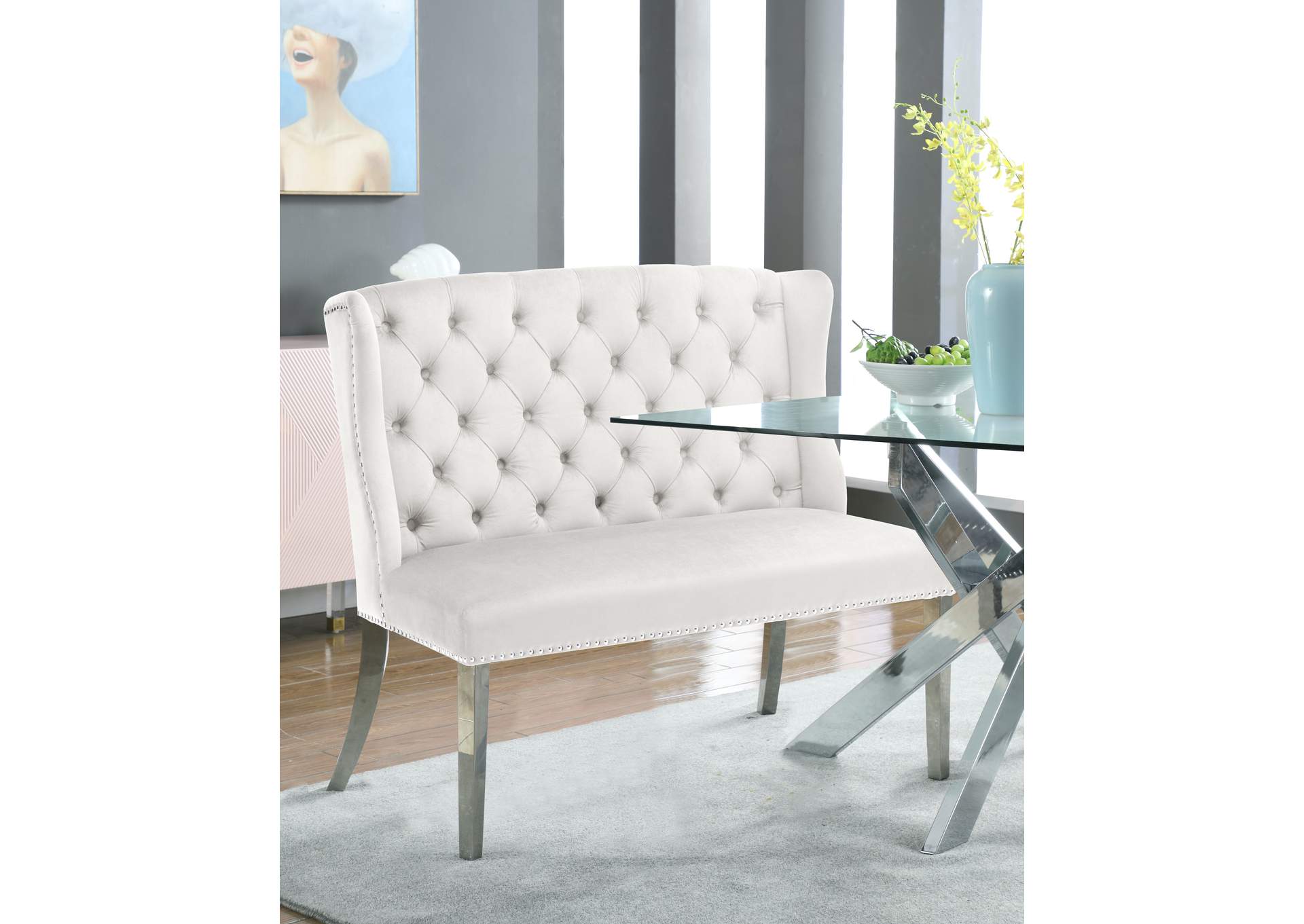 Suri Cream Velvet Settee Bench,Meridian Furniture