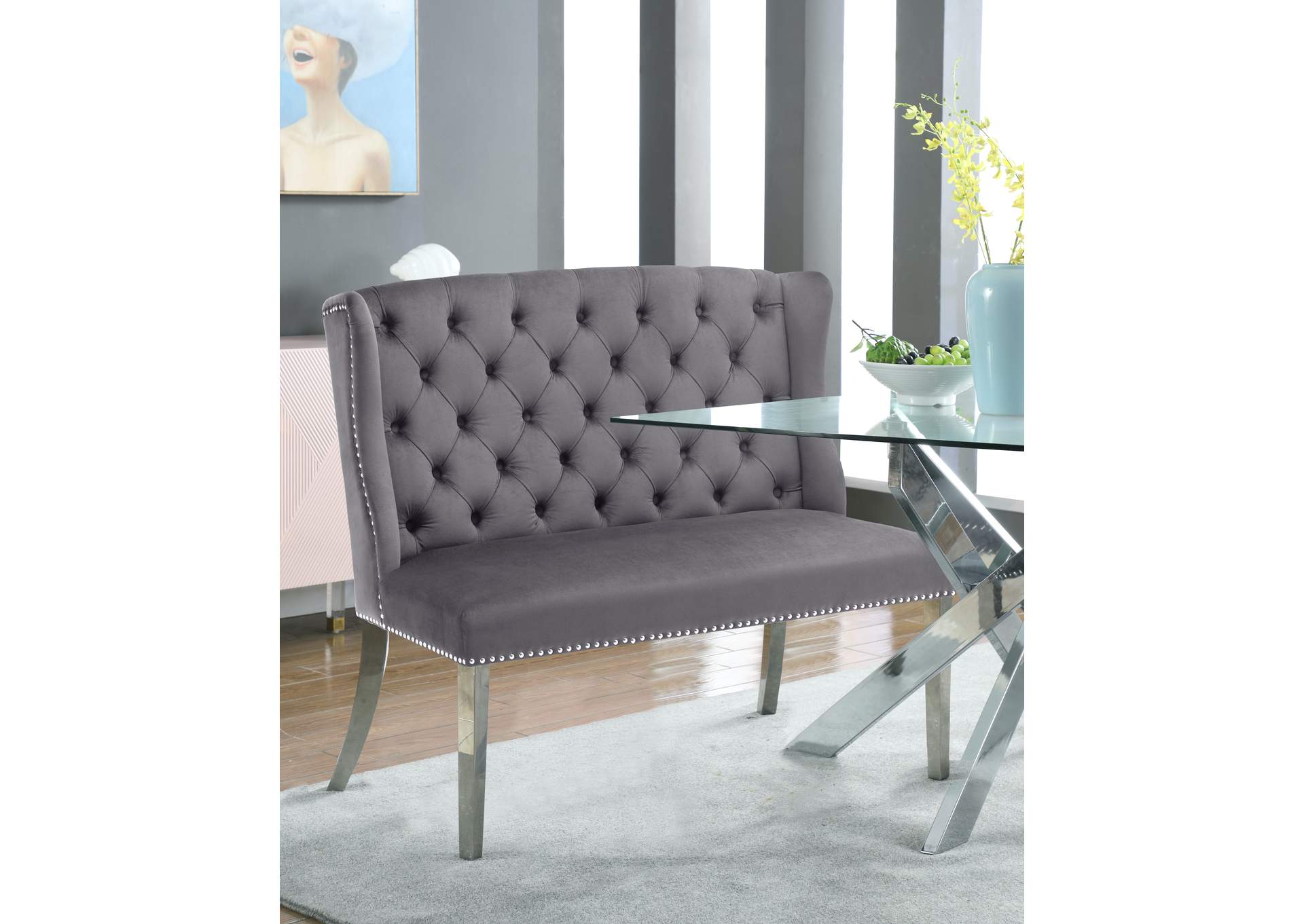 Suri Grey Velvet Settee Bench,Meridian Furniture