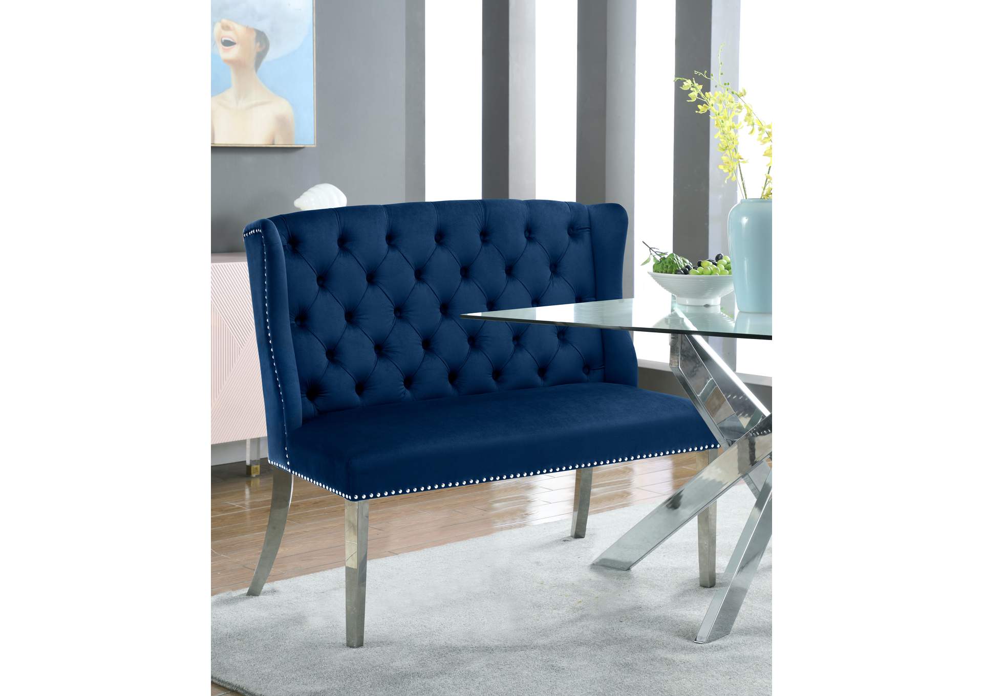 navy velvet dining bench