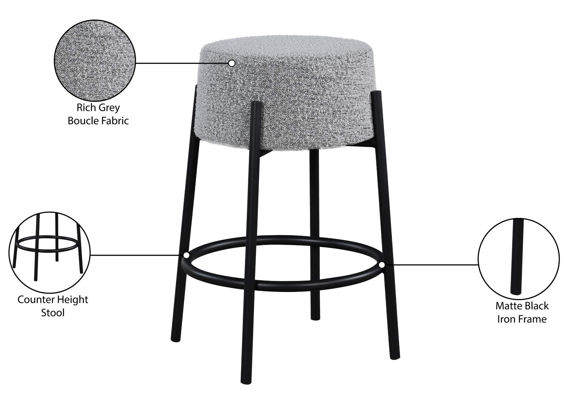 Avalon Grey Boucle Fabric Counter Stool,Meridian Furniture