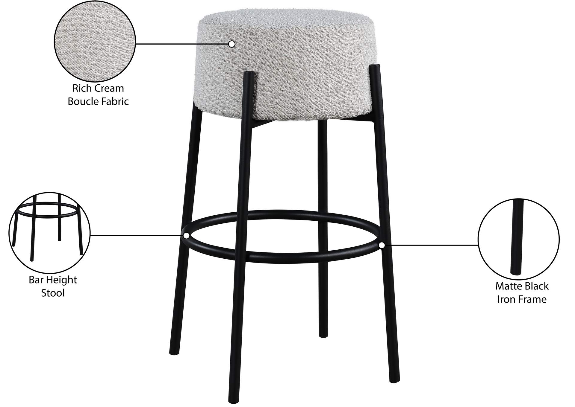 Avalon Cream Boucle Fabric Bar Stool,Meridian Furniture