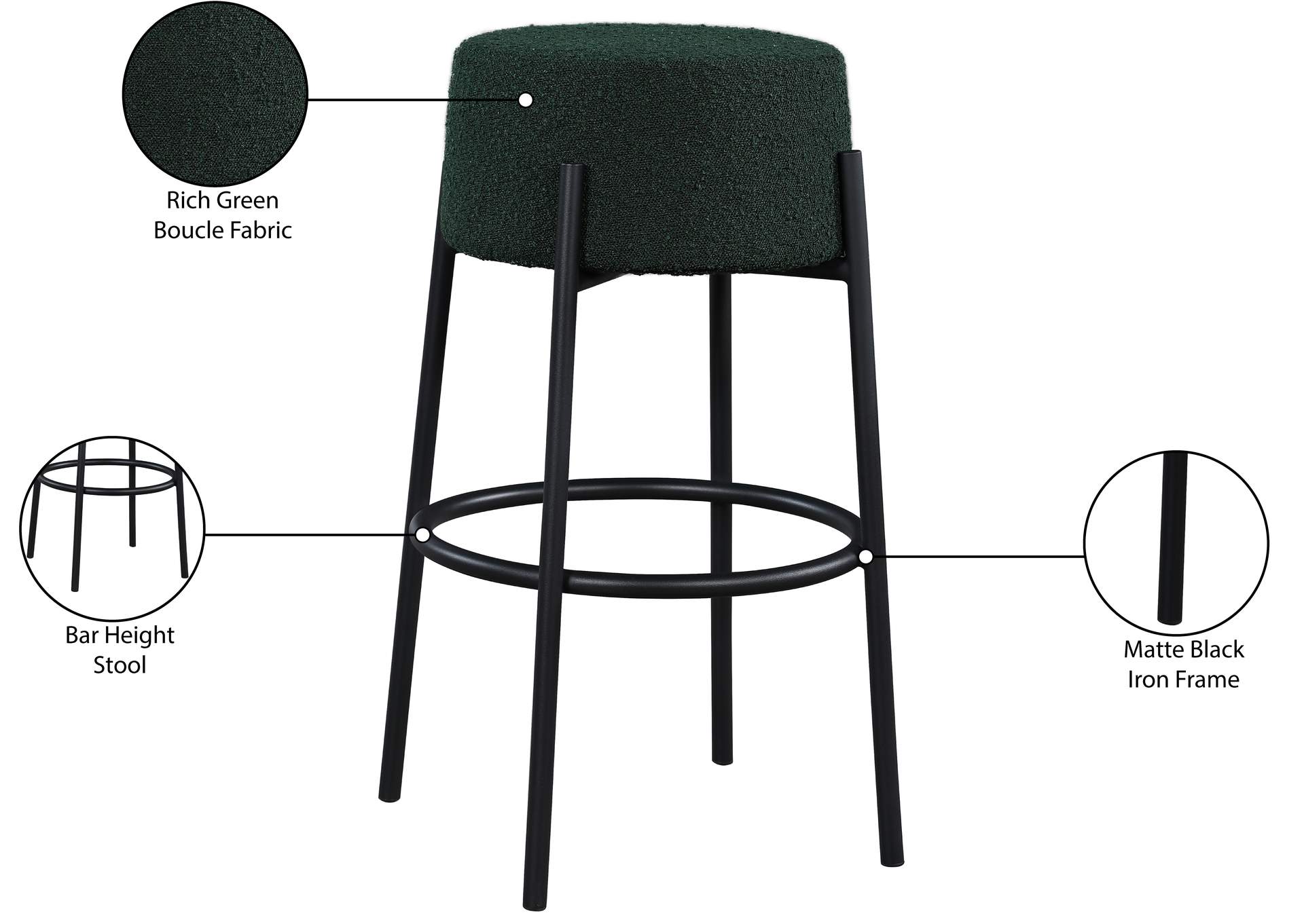 Avalon Green Boucle Fabric Bar Stool,Meridian Furniture