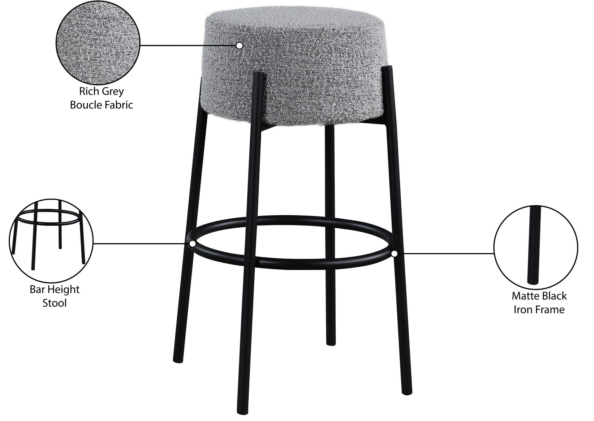 Avalon Grey Boucle Fabric Bar Stool,Meridian Furniture