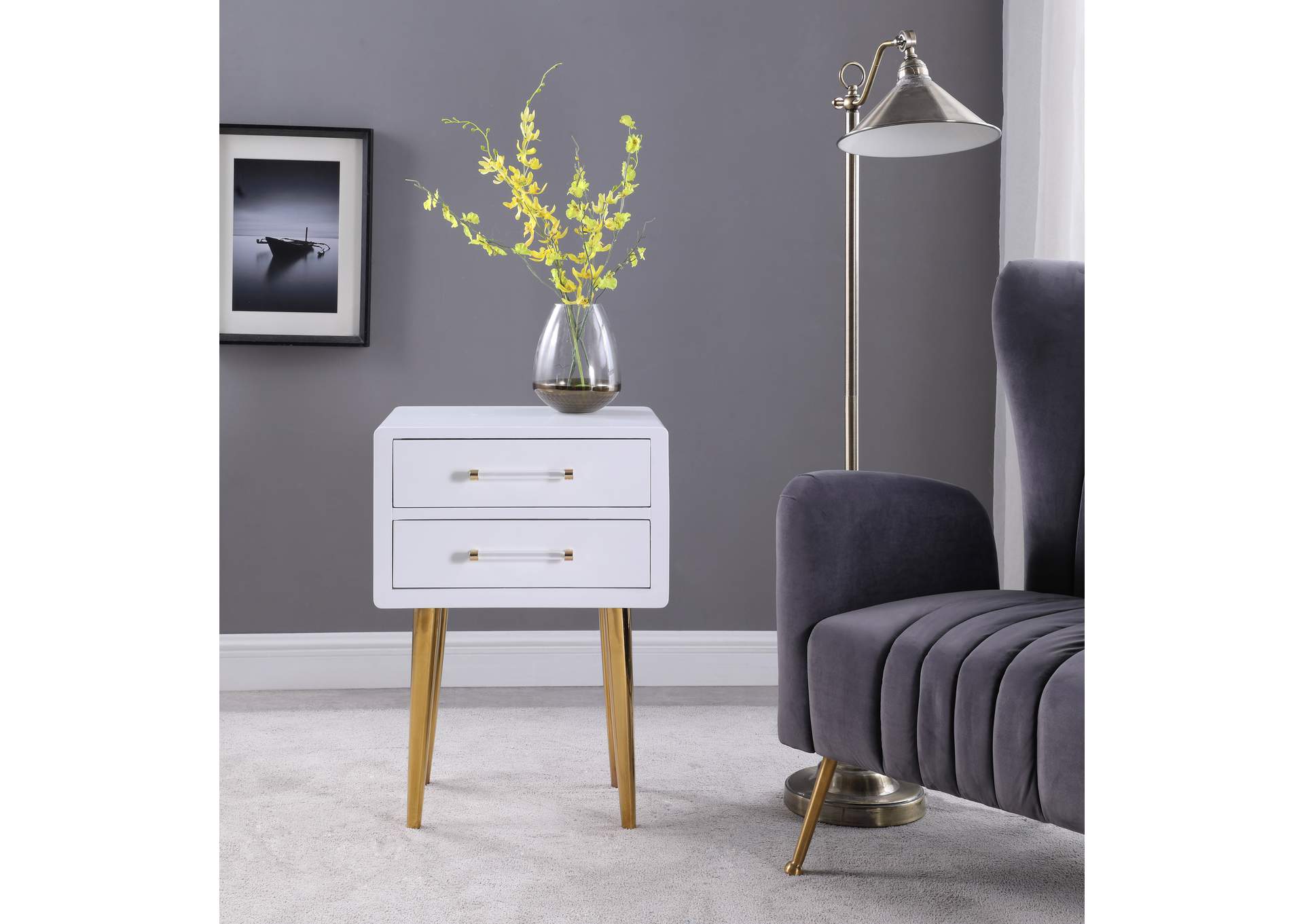 Zane White Laquer With Gold Side Table,Meridian Furniture