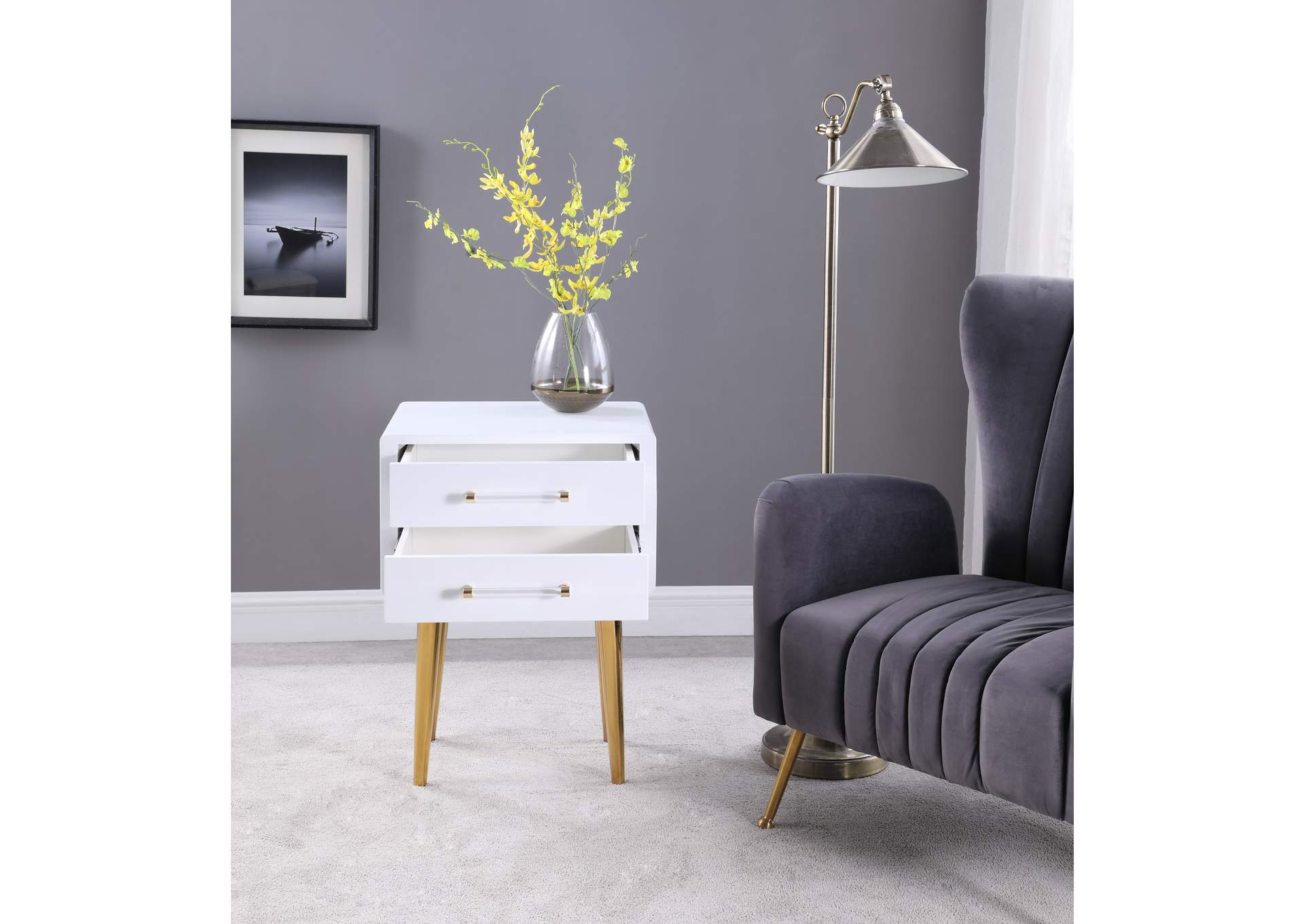 Zane White Laquer With Gold Side Table,Meridian Furniture