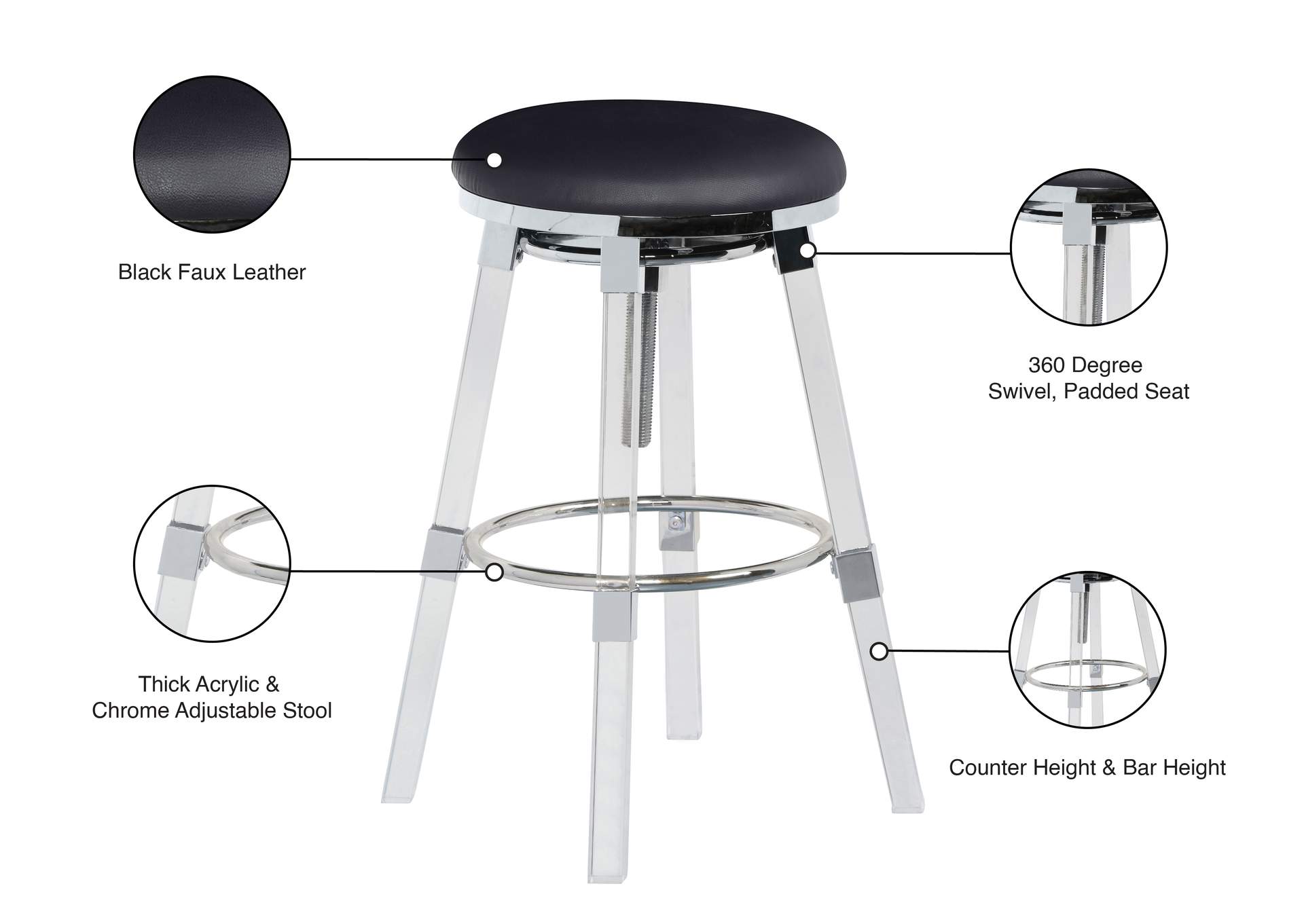 Venus Black Faux Leather Adjustable Stool,Meridian Furniture