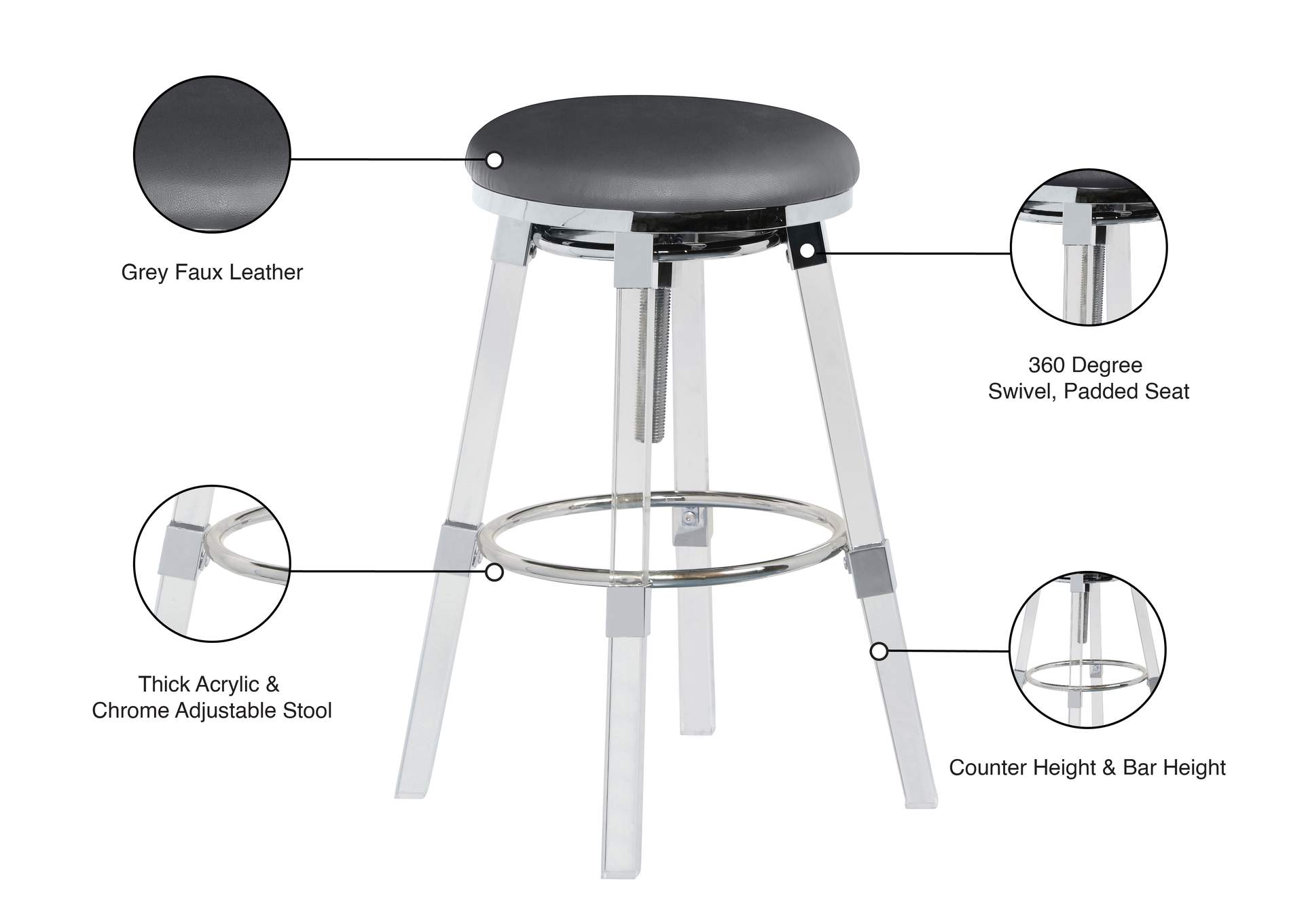 Venus Grey Faux Leather Adjustable Stool,Meridian Furniture