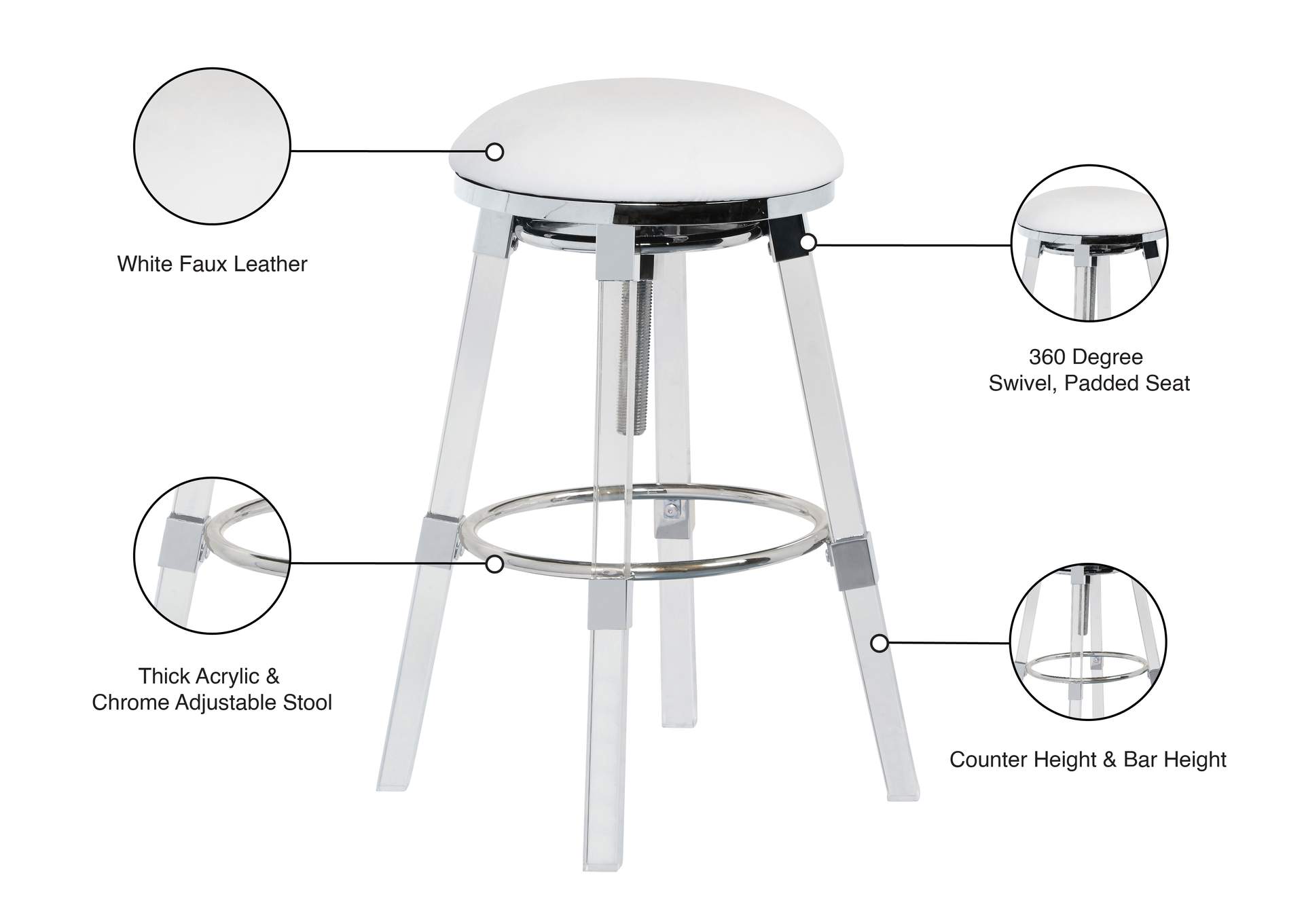 Venus White Faux Leather Adjustable Stool,Meridian Furniture