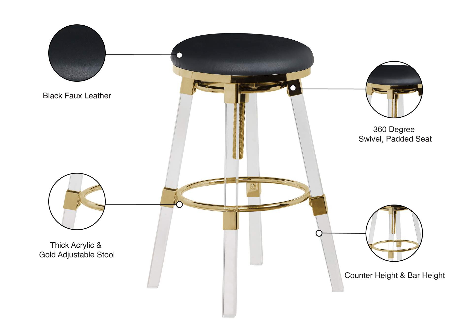 Venus Black Faux Leather Adjustable Stool,Meridian Furniture