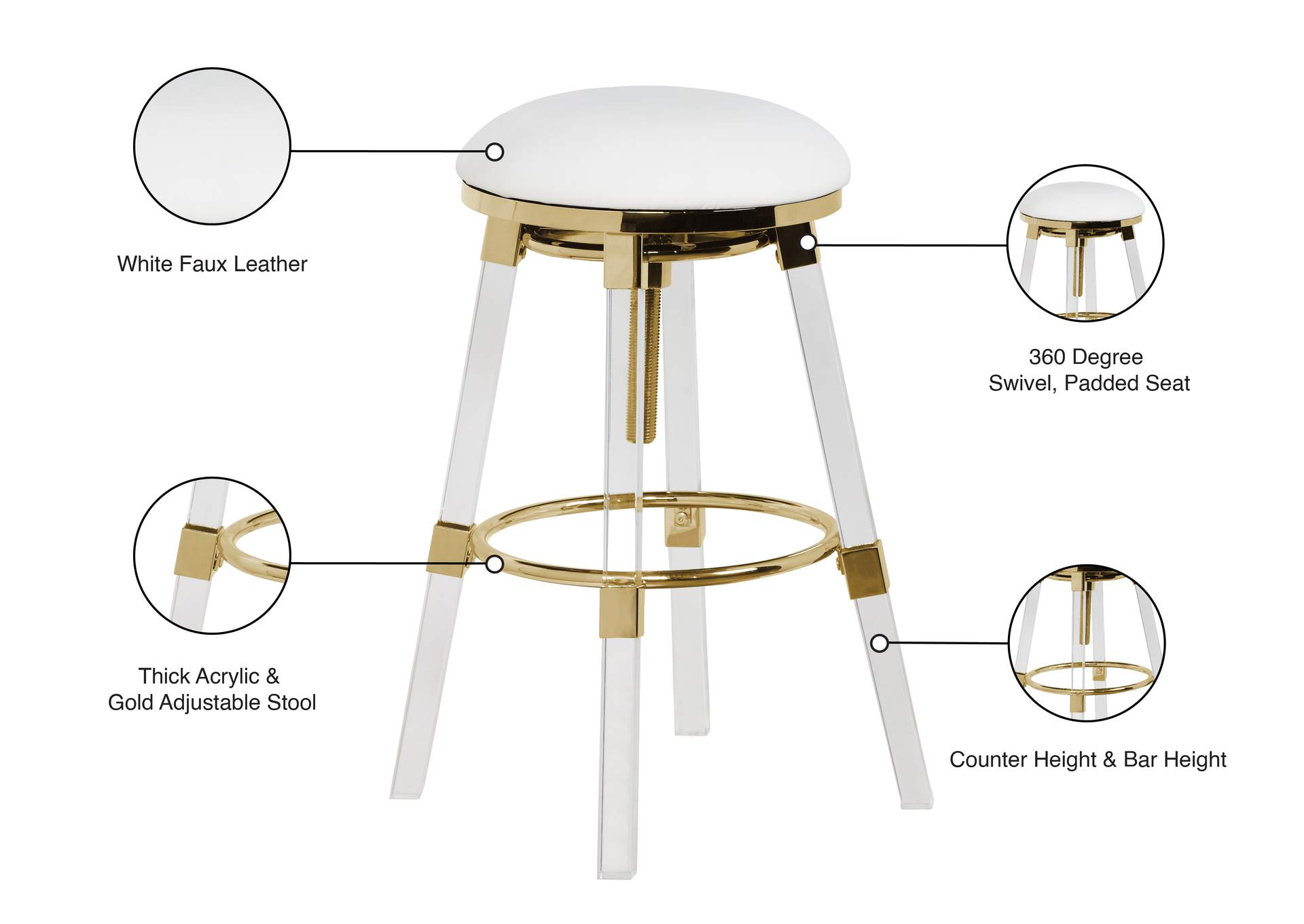 Venus White Faux Leather Adjustable Stool,Meridian Furniture