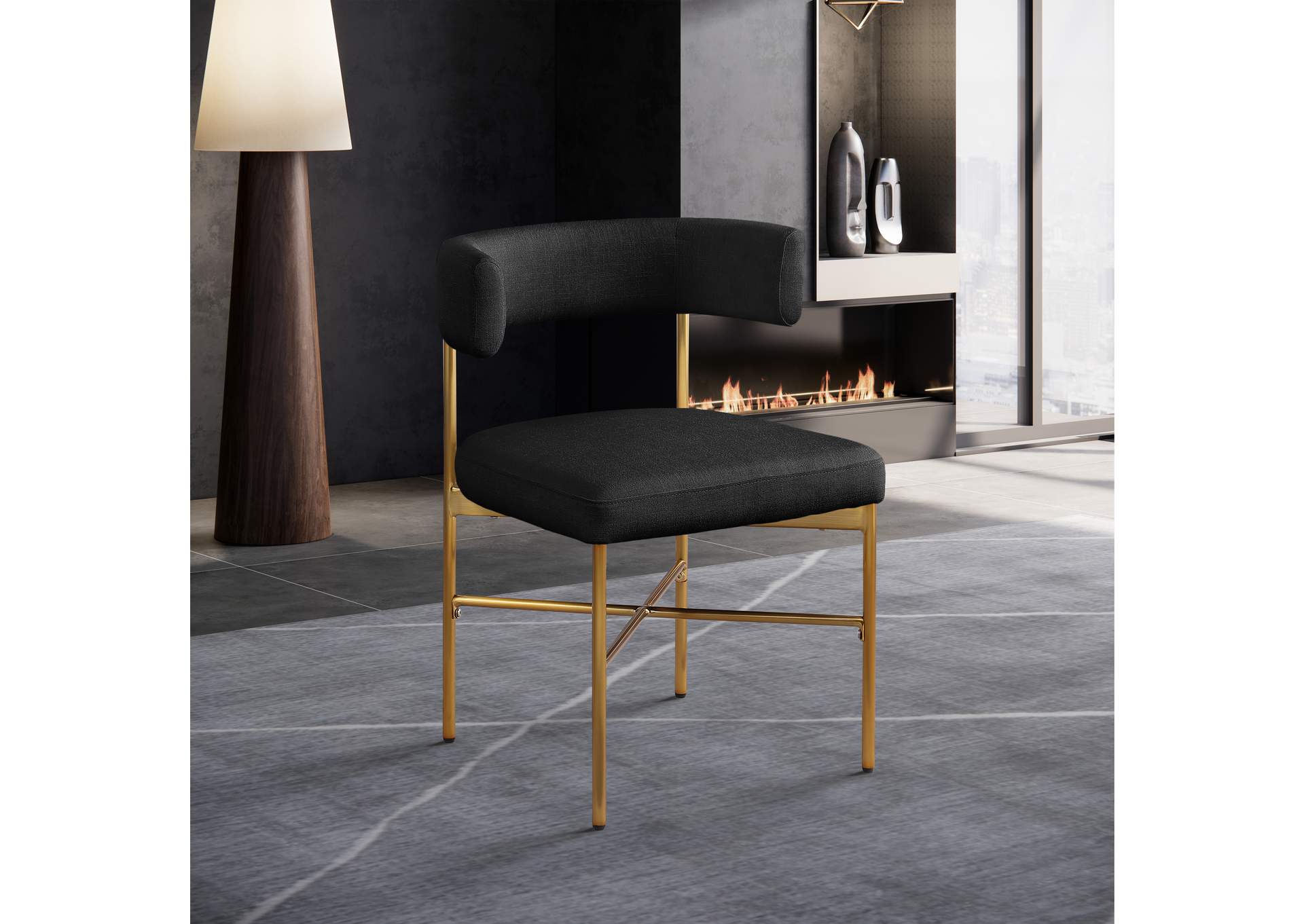 Rivage Black Durable Linen Textured Fabric Dining Chair Set of 2,Meridian Furniture