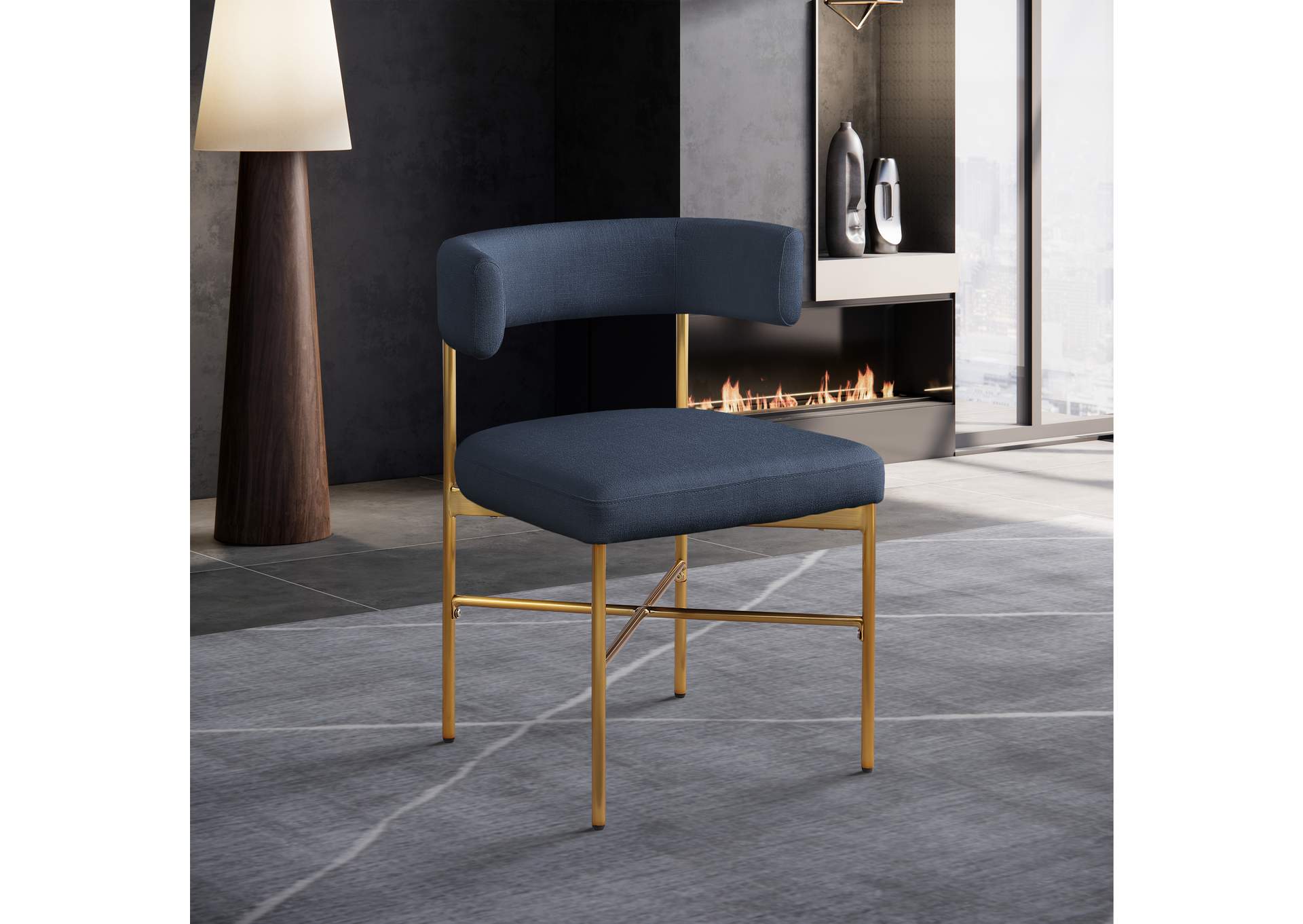 Rivage Deep Navy Durable Linen Textured Fabric Dining Chair Set of 2,Meridian Furniture