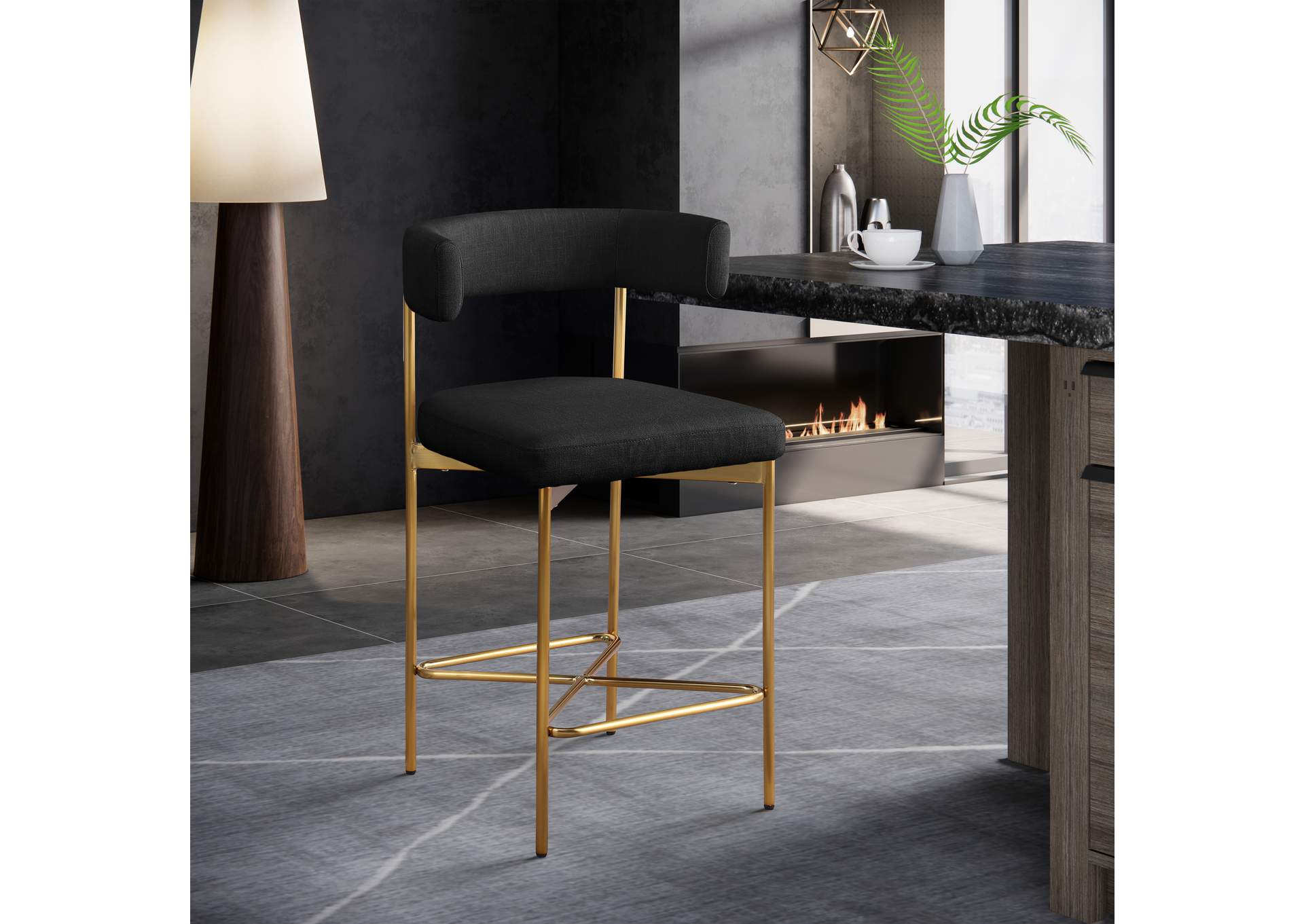 Rivage Black Durable Linen Textured Fabric Stool Set of 2,Meridian Furniture