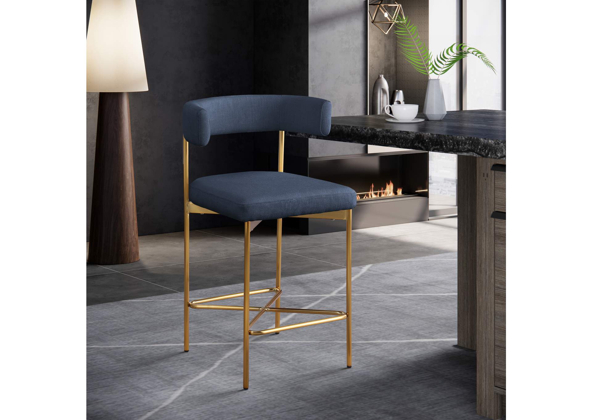 Rivage Deep Navy Durable Linen Textured Fabric Stool Set of 2,Meridian Furniture