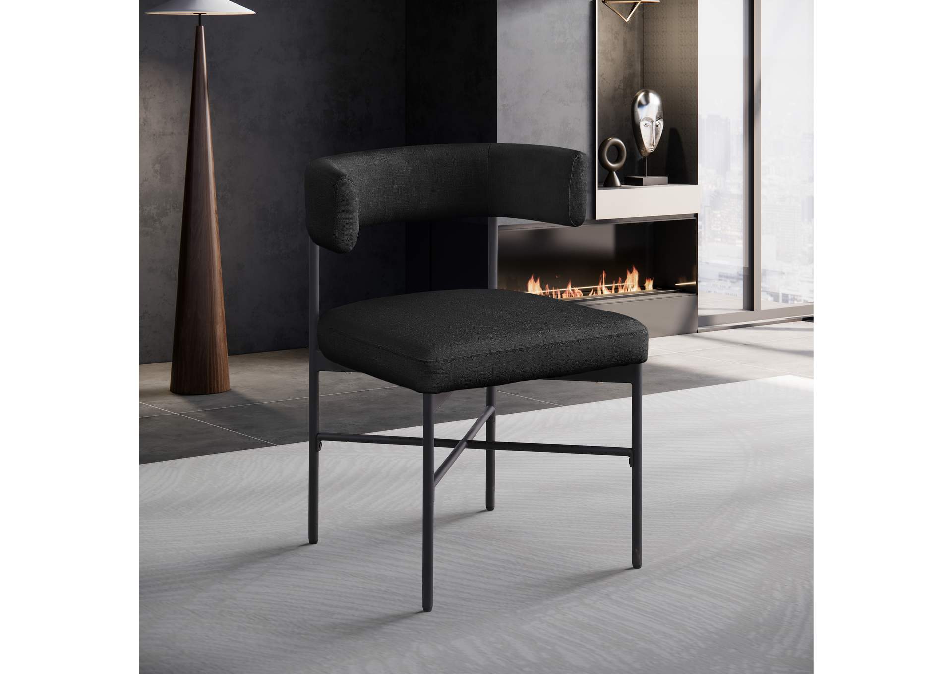 Rivage Black Durable Linen Textured Fabric Dining Chair Set of 2,Meridian Furniture