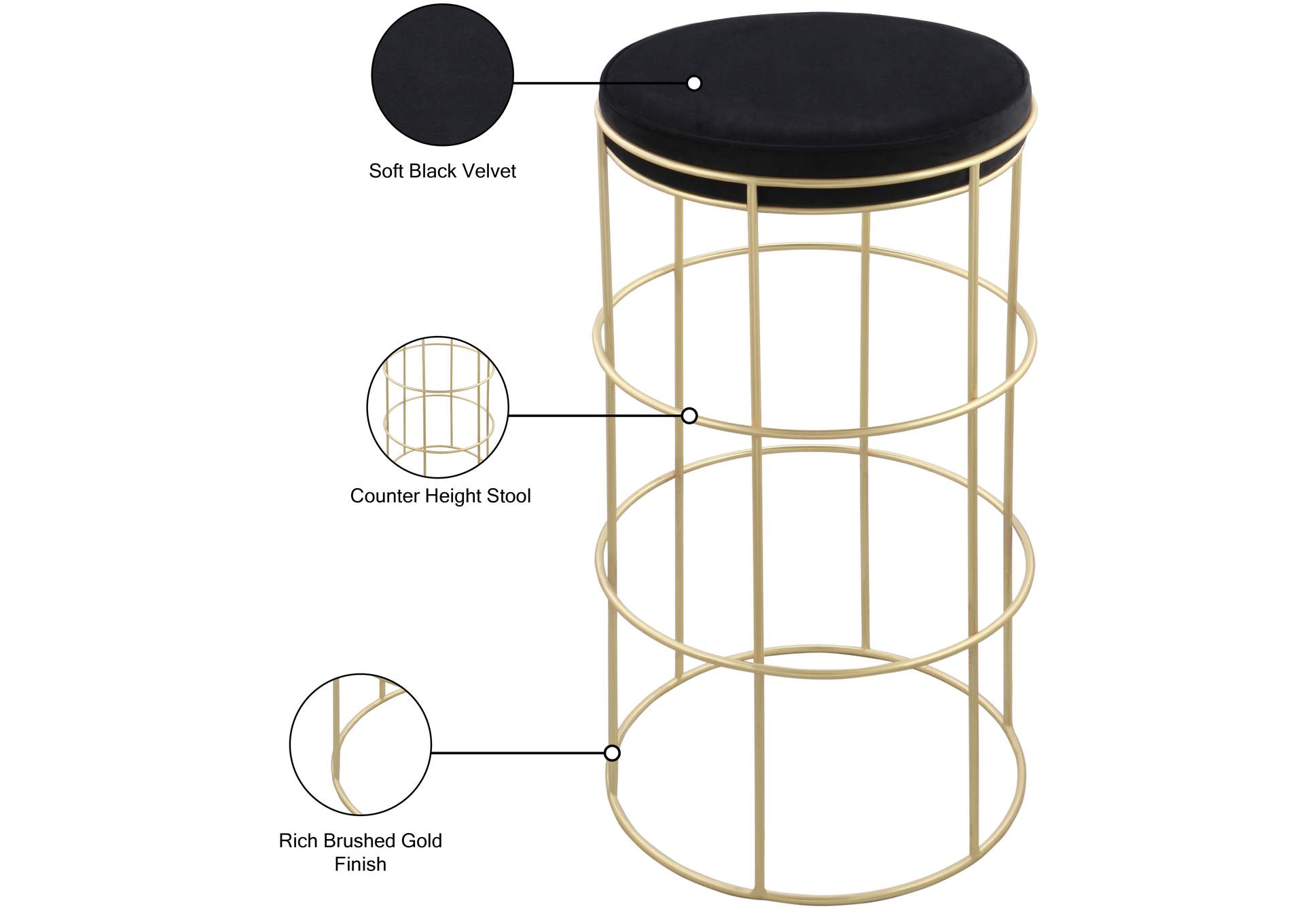 Rebar Black Velvet Counter Stool,Meridian Furniture