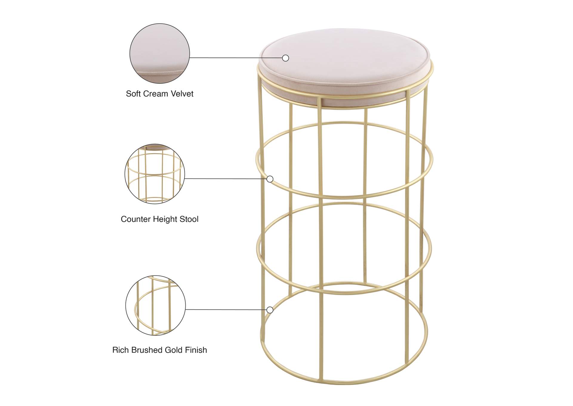 Rebar Cream Velvet Counter Stool,Meridian Furniture