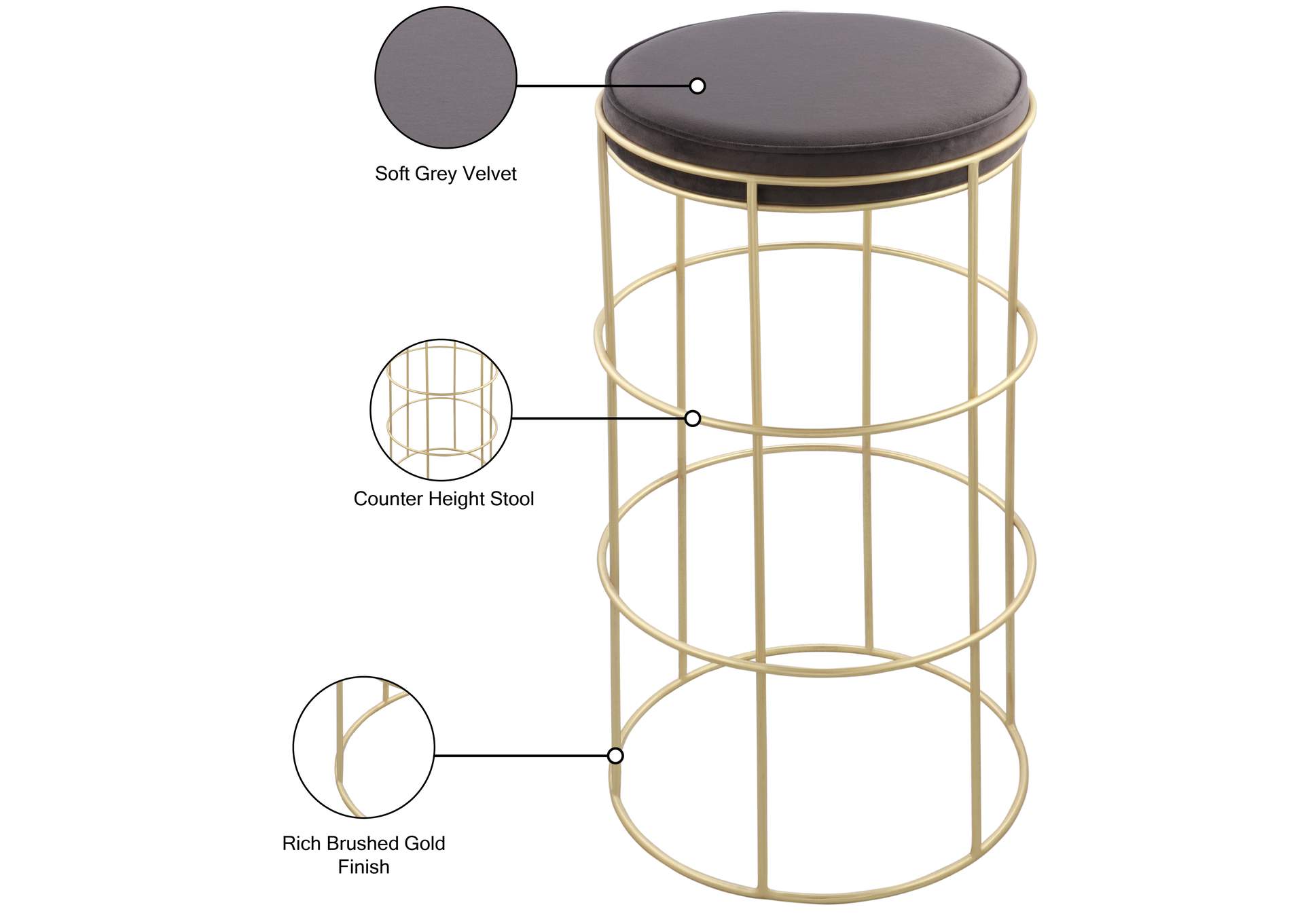 Rebar Grey Velvet Counter Stool,Meridian Furniture