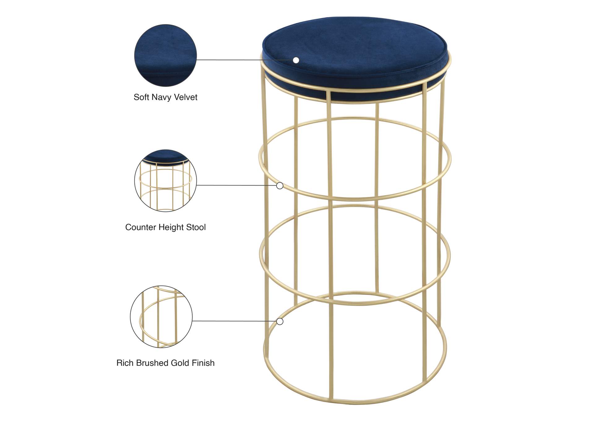 Rebar Navy Velvet Counter Stool,Meridian Furniture