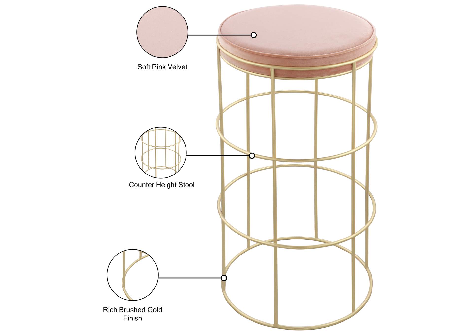 Rebar Pink Velvet Counter Stool,Meridian Furniture