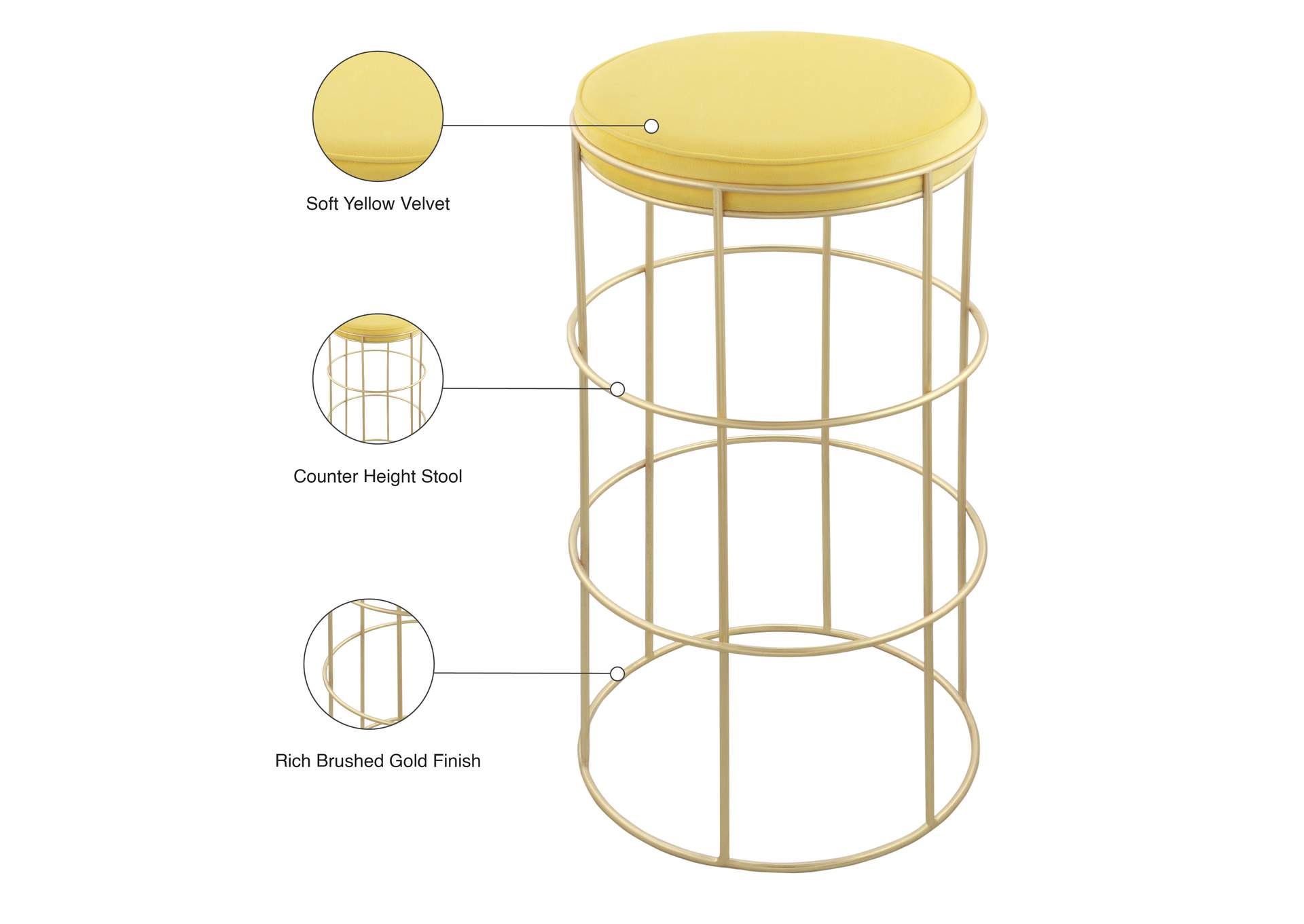 Rebar Yellow Velvet Counter Stool,Meridian Furniture