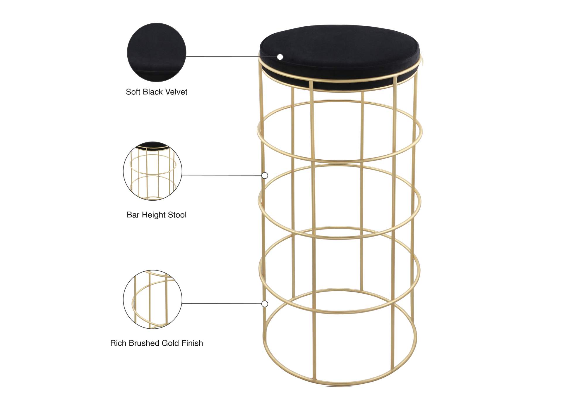 Rebar Black Velvet Bar Stool,Meridian Furniture