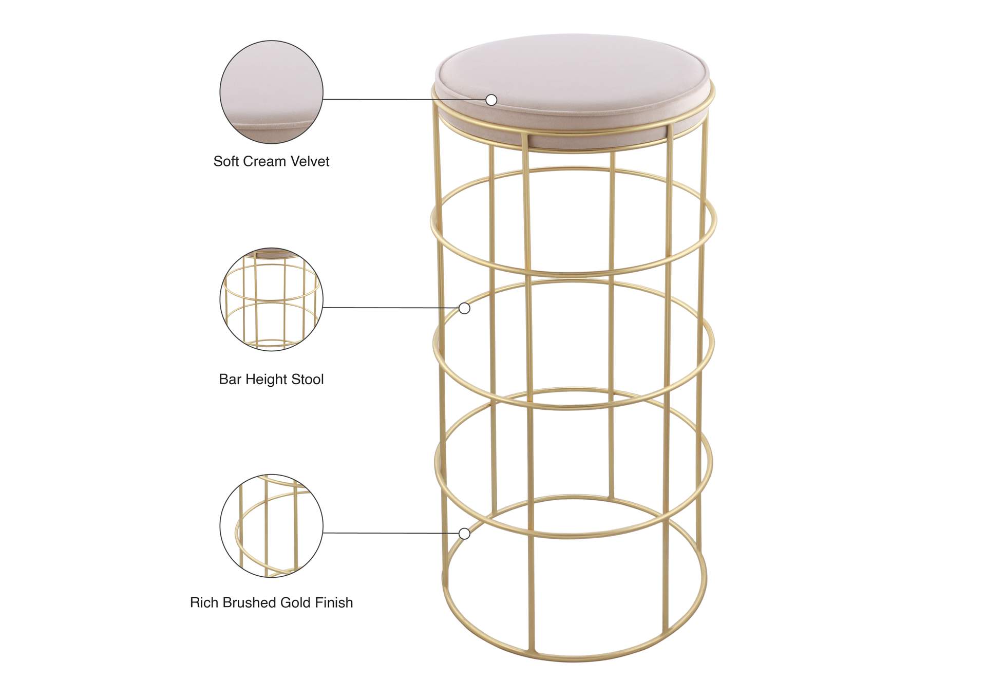 Rebar Cream Velvet Bar Stool,Meridian Furniture