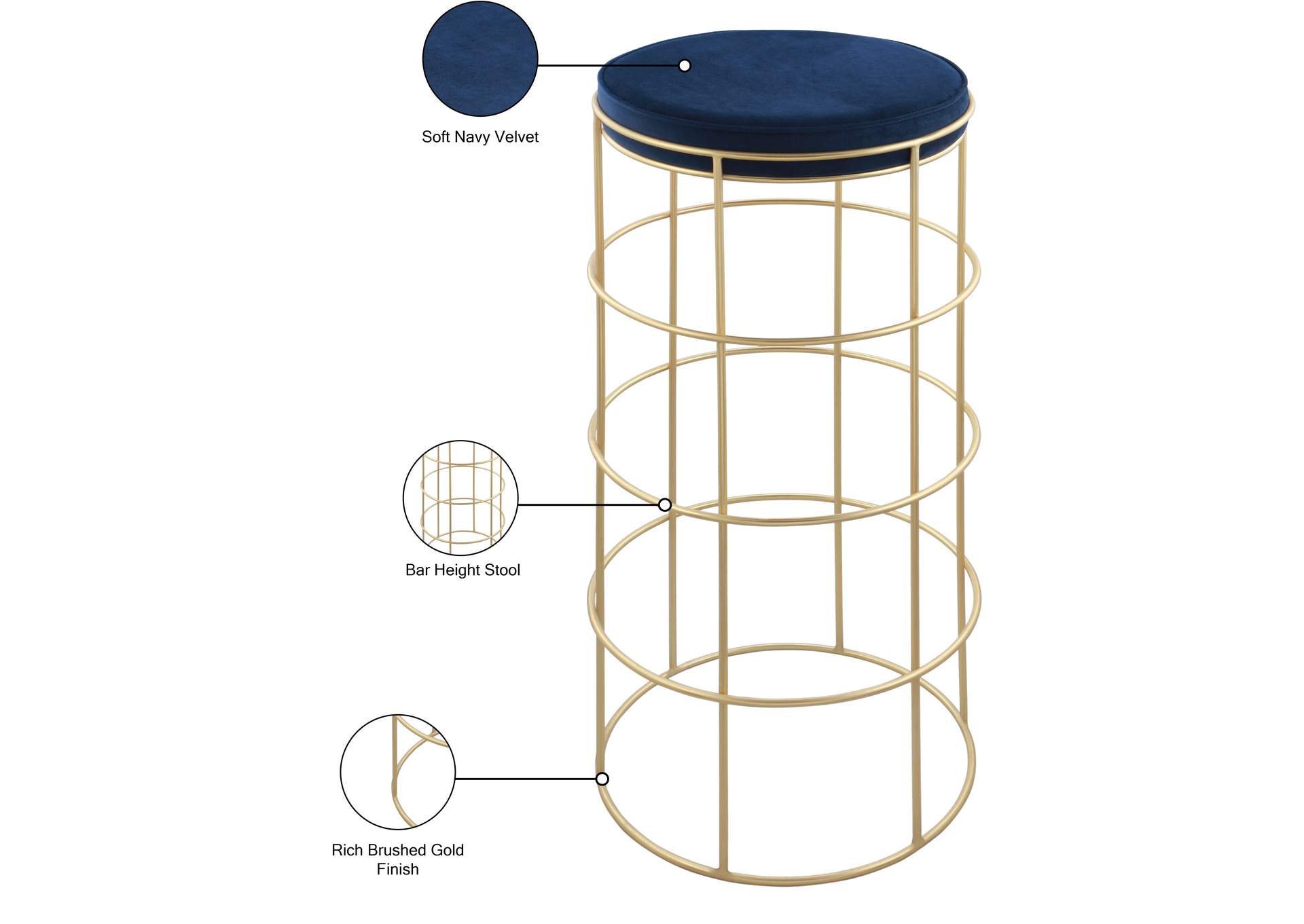 Rebar Navy Velvet Bar Stool,Meridian Furniture