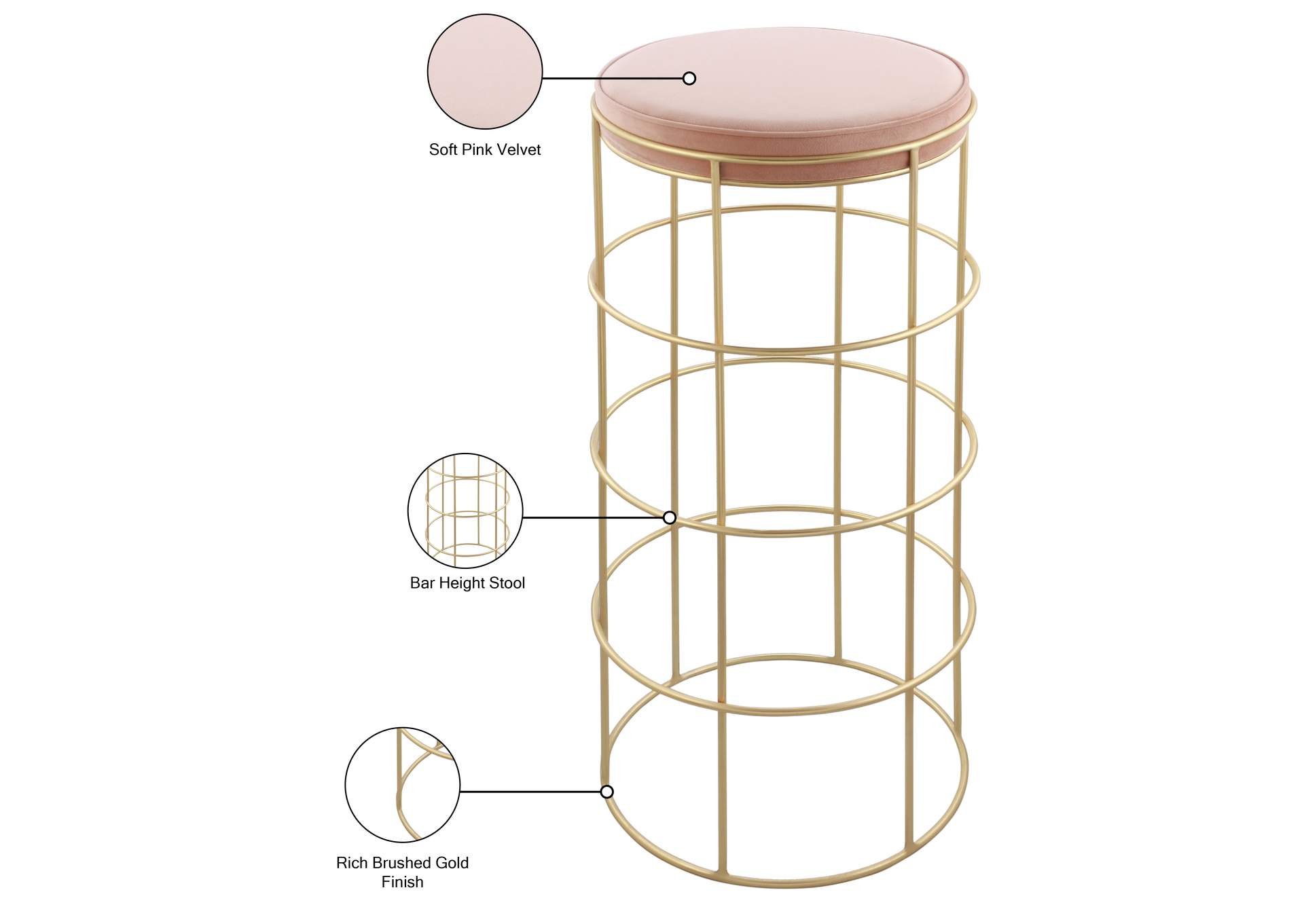 Rebar Pink Velvet Bar Stool,Meridian Furniture