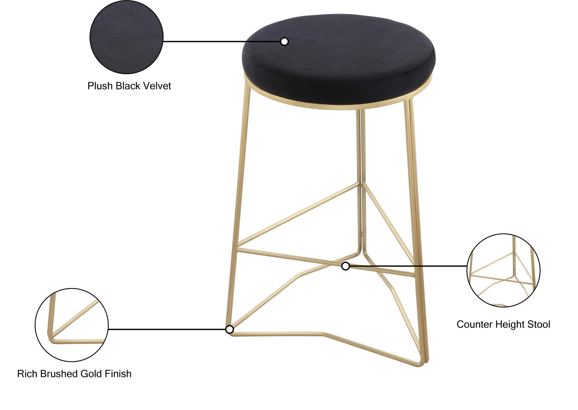 Tres Black Velvet Counter Stool,Meridian Furniture