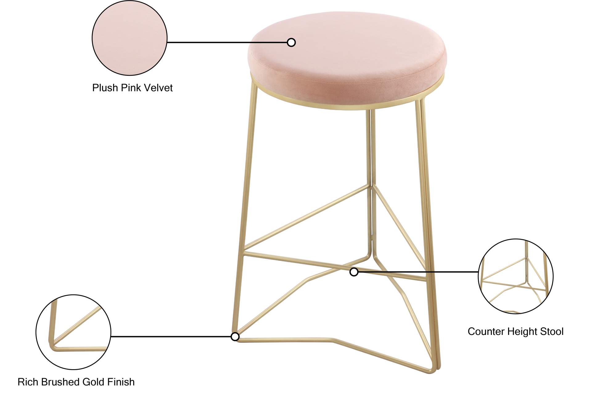 Tres Pink Velvet Counter Stool,Meridian Furniture